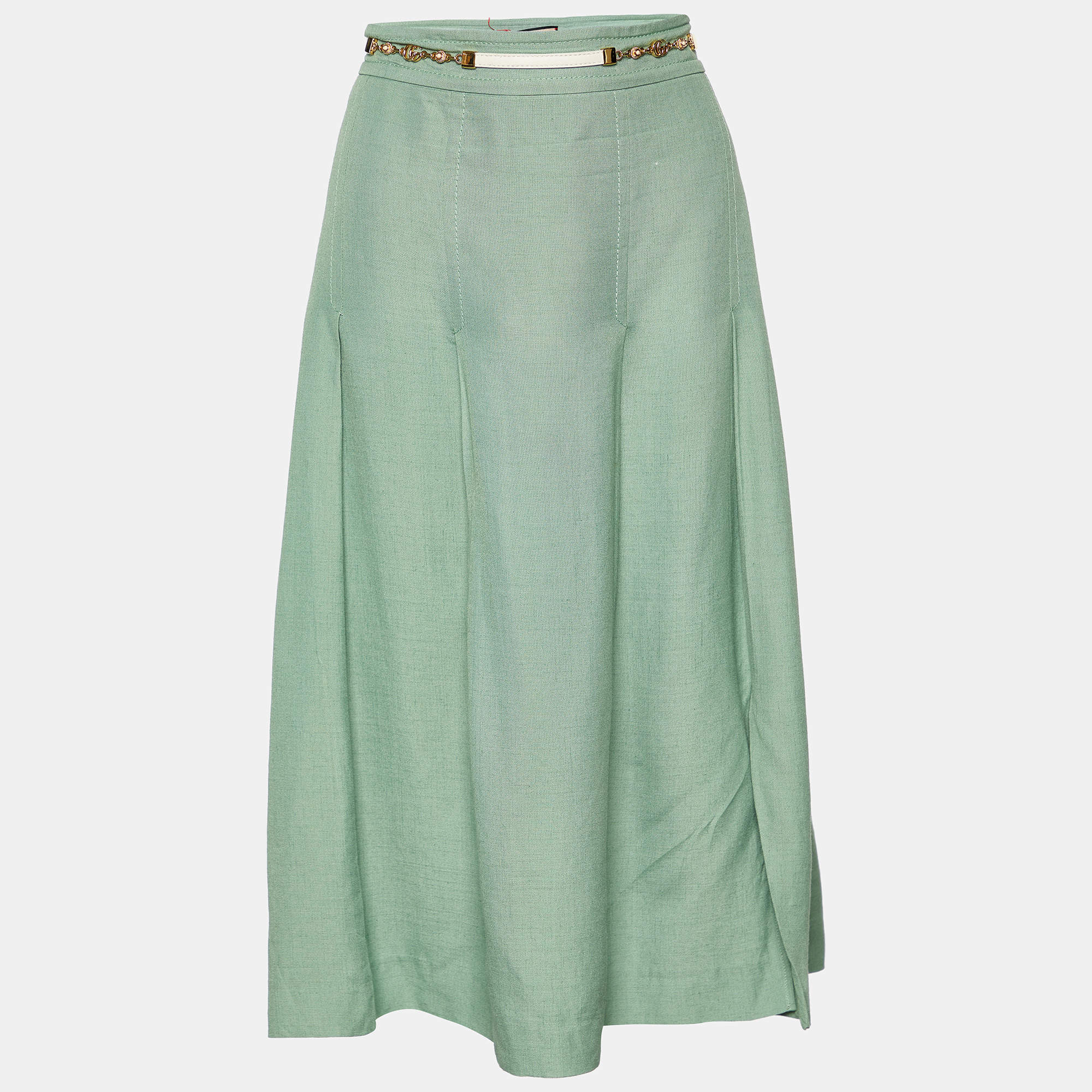 Pre Owned Gucci Green Linen Blend Leather Belt Detail Pleated Midi Skirt L