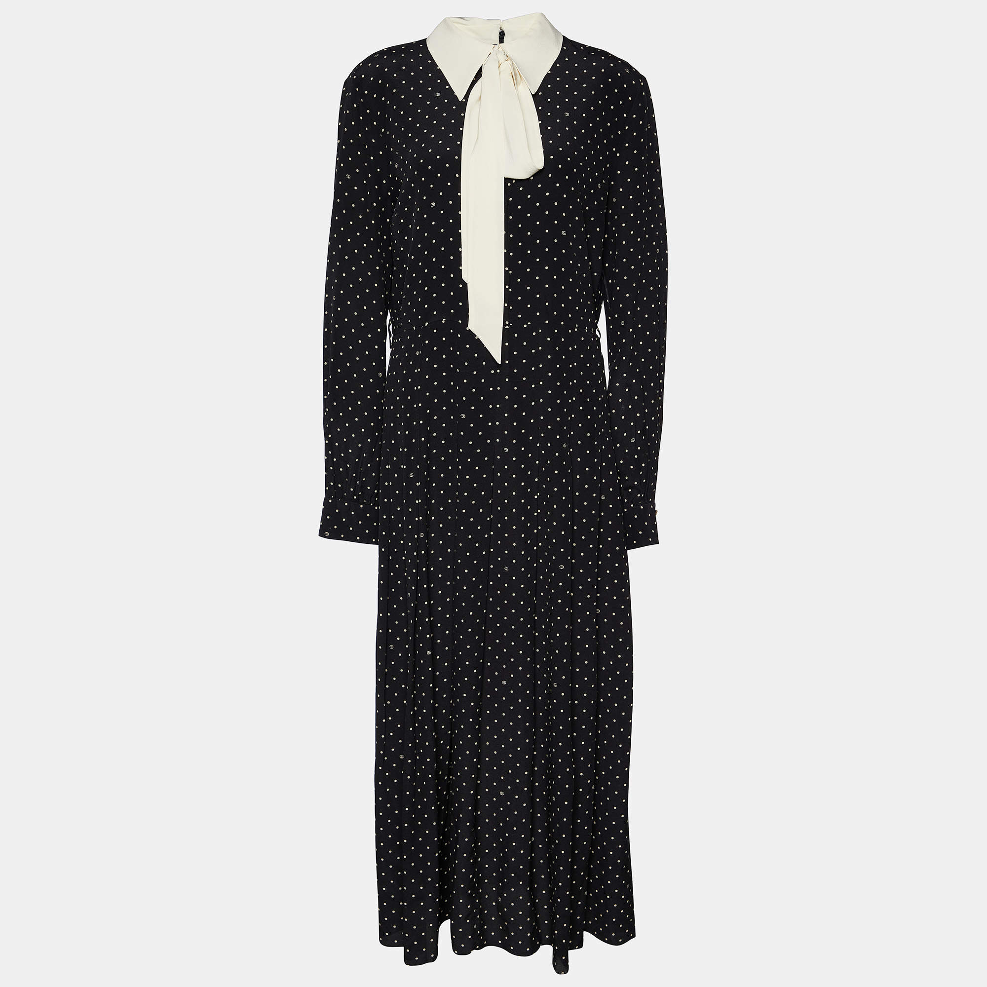 Pre Owned Gucci Black Polka Dot Logo Printed Silk Neck Tie Detail Maxi Dress L