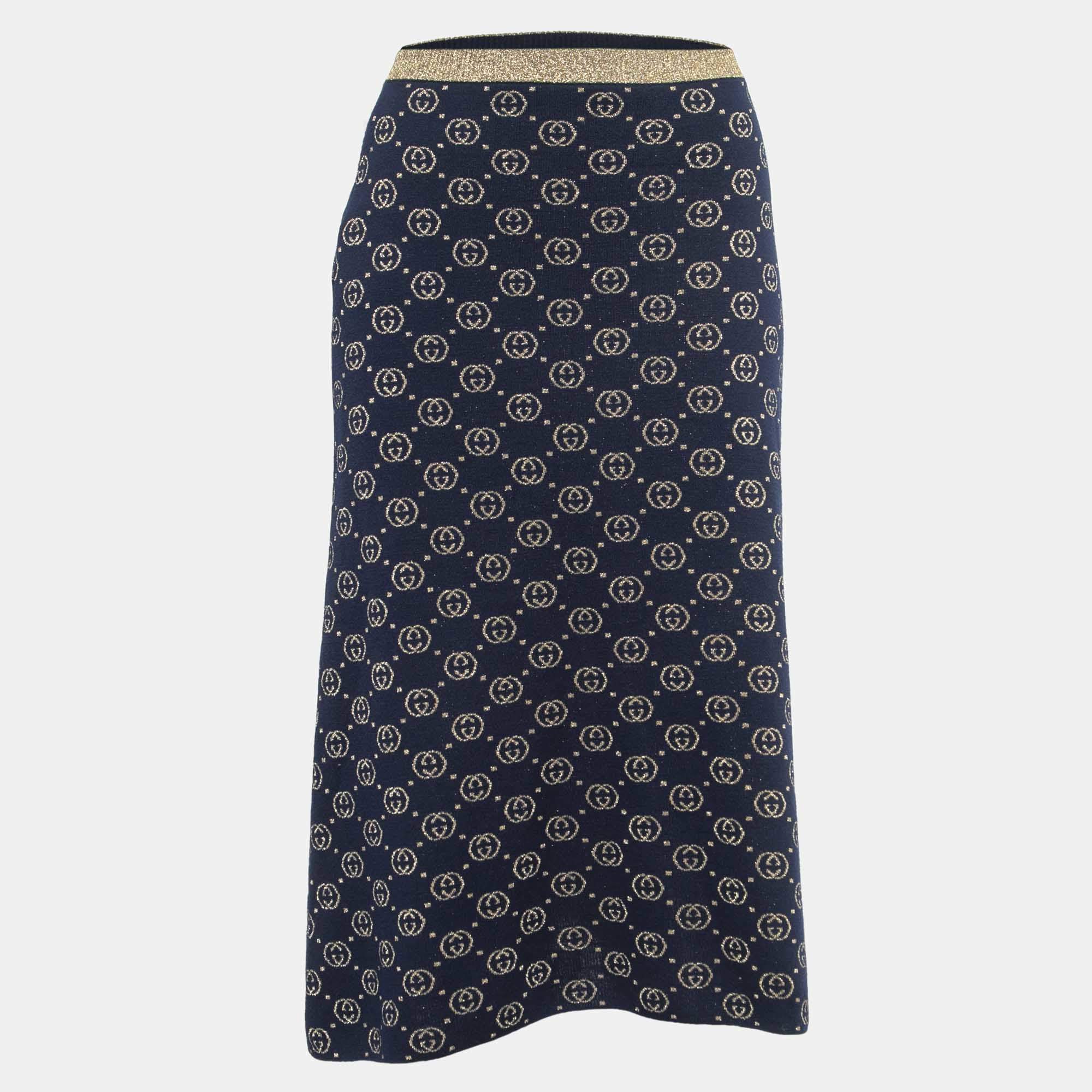 Pre Owned Gucci Navy Blur GG Patterned Lurex Knit Midi Skirt XS
