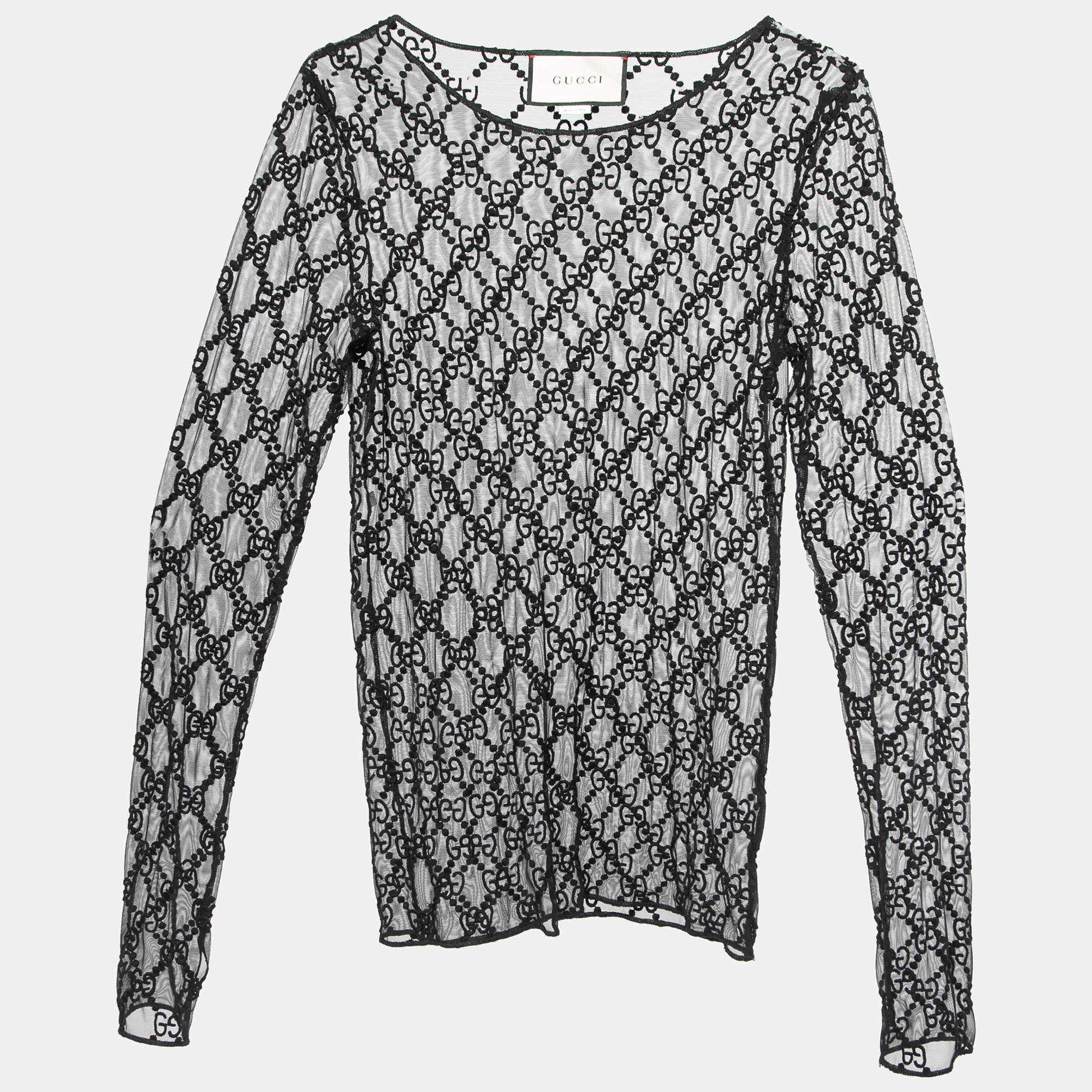 Gucci Black GG Embroidered Tulle Long Sleeve Top XS