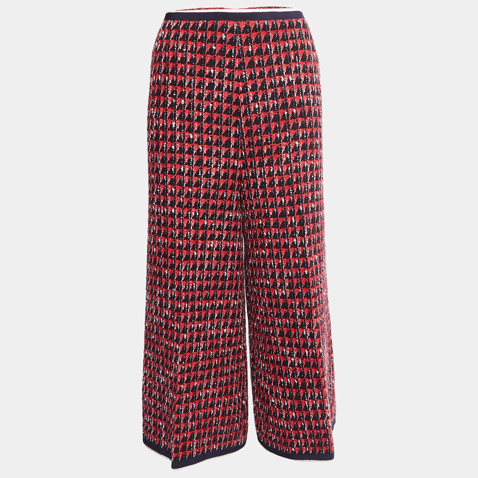 Pre Owned Gucci Red/Navy Blue Tweed Wide-Leg Culottes L