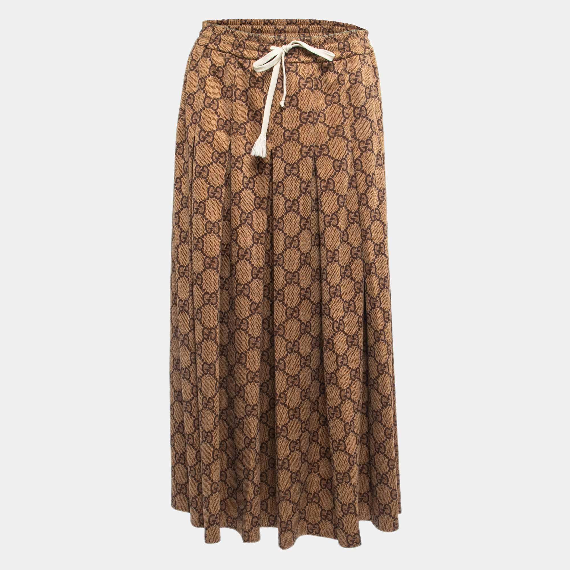 Pre Owned Gucci Brown GG Knit Elasticized Waist Pleated Midi Skirt XL