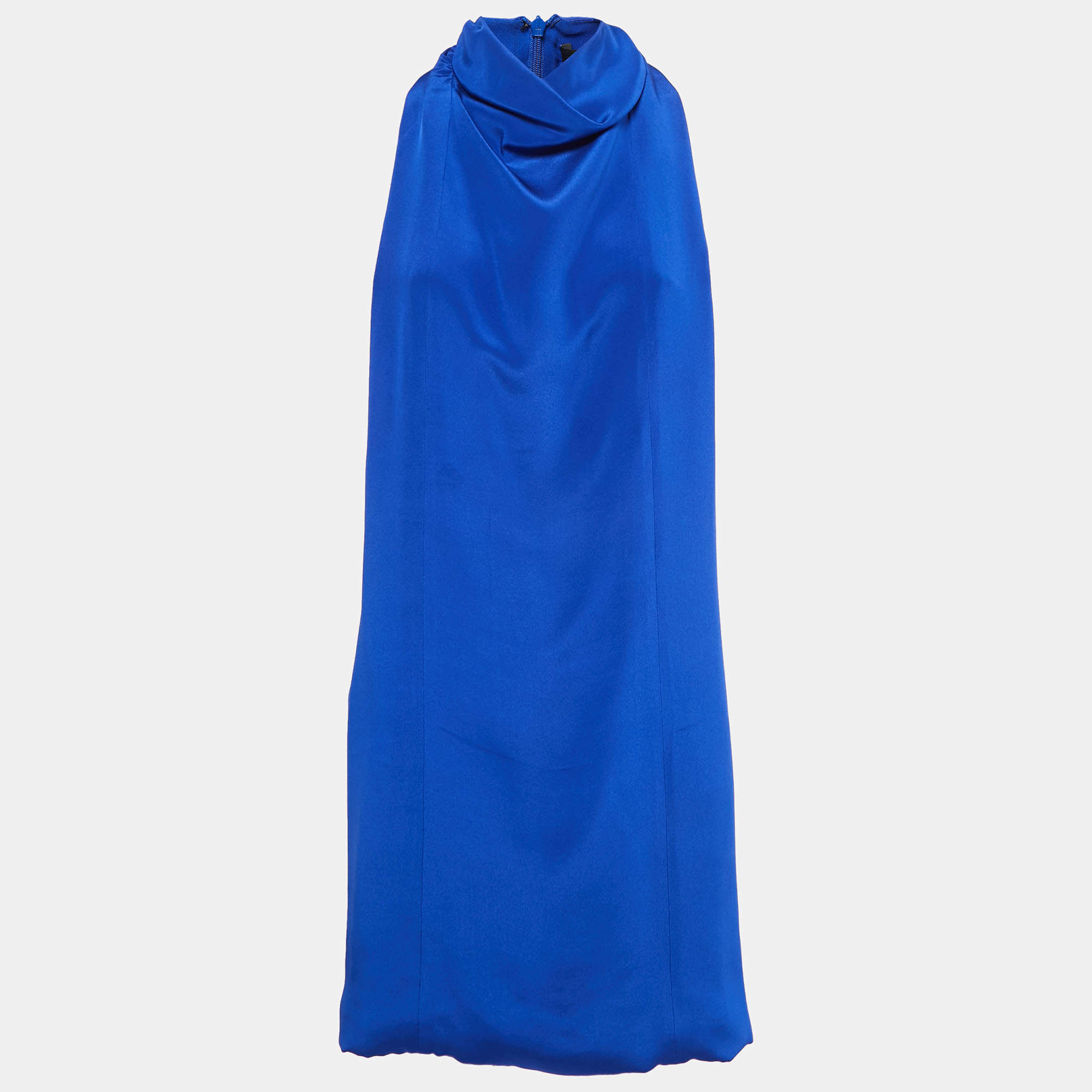 Pre Owned Gucci Blue Satin Silk Cowl Neck Sleeveless Mini Dress M