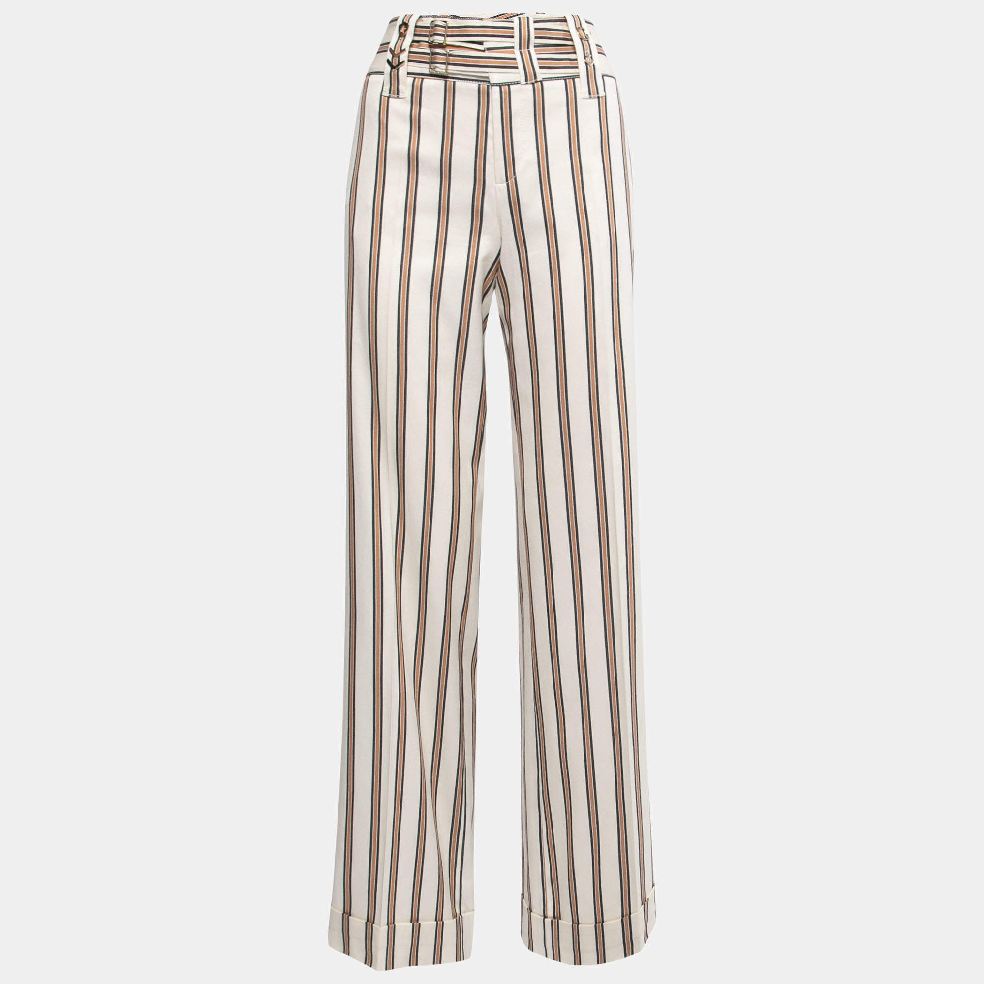 Pre Owned Gucci Cream Striped Cotton Straight Leg Pants S