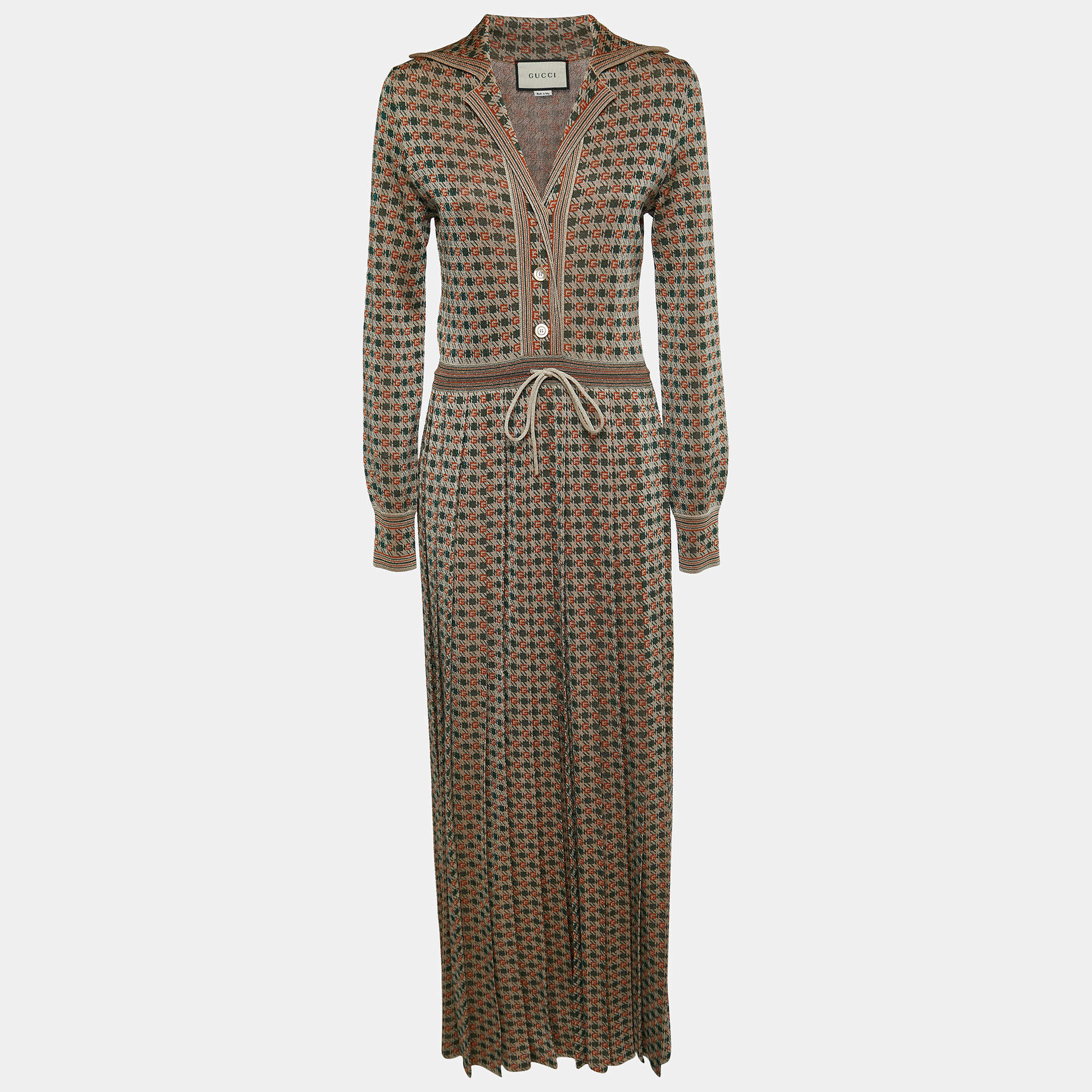 Gucci Beige/Green Patterned Lurex Knit Drawstring Maxi Dress M