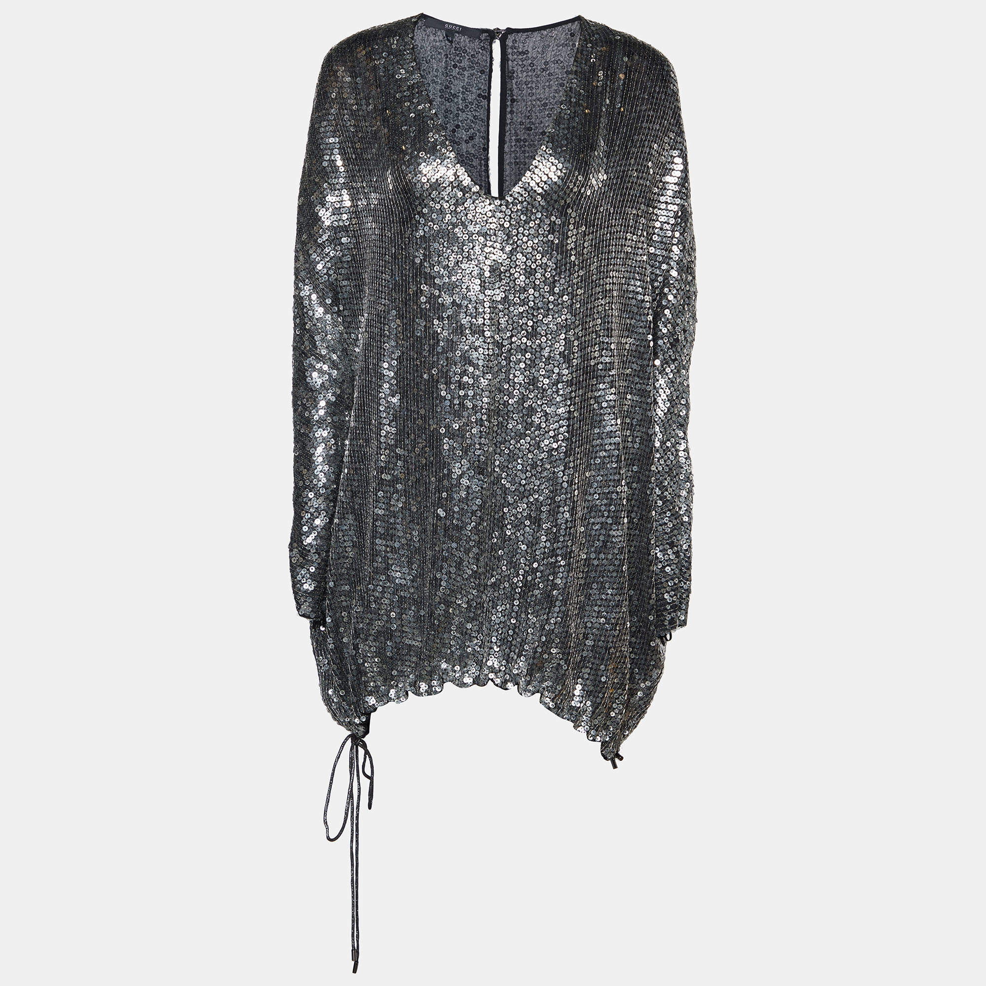 Pre Owned Gucci Silver Sequin Embellished V-Neck Drawstring Top S