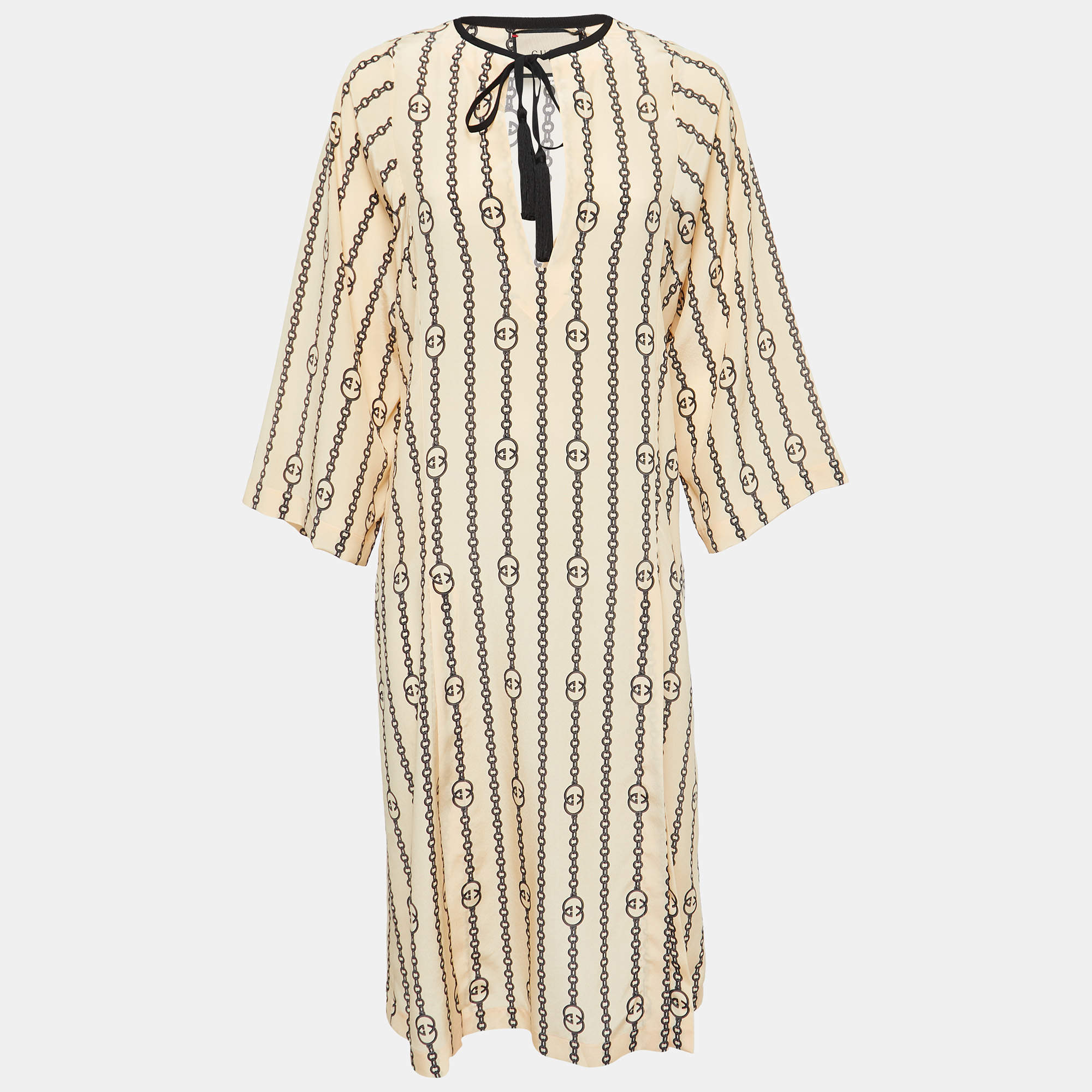 Gucci Beige GG Chain Print Silk Midi Kaftan S