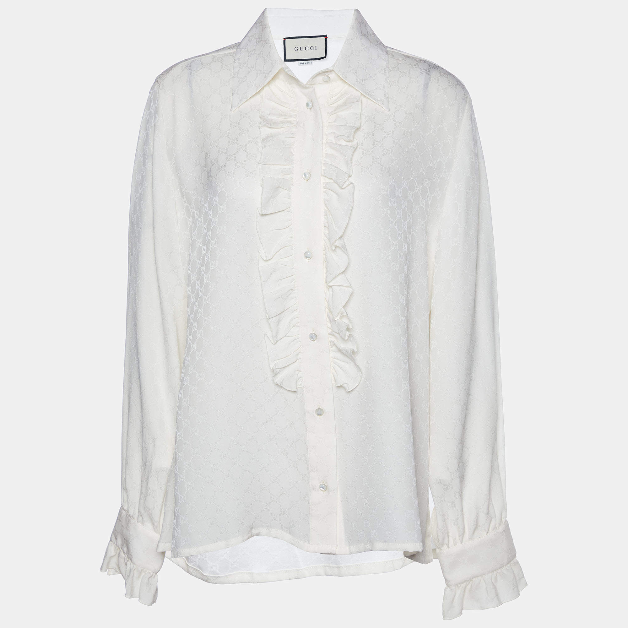 Gucci White Logo Jacquard Silk Ruffle Detail Shirt L