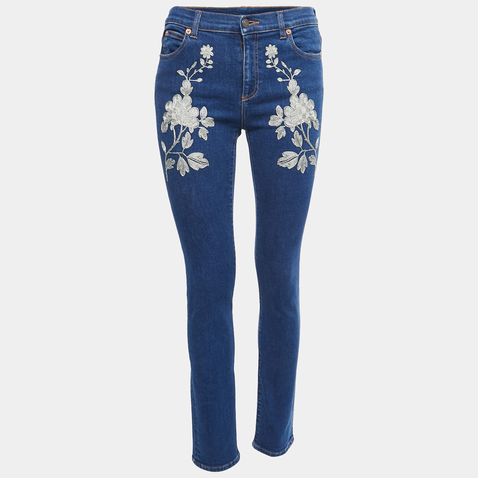 Pre Owned Gucci Blue Floral Embroidered Denim Skinny Jeans M Waist 28"