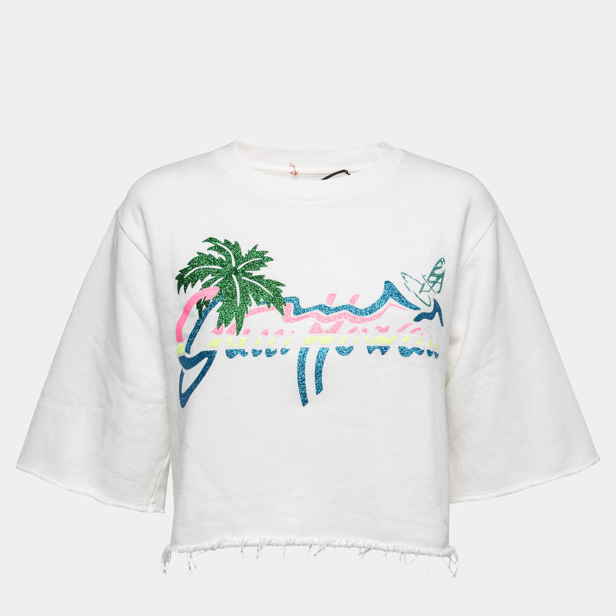 Pre Owned Gucci White Hawaii Glitter Print Cotton Knit Cropped T-Shirt XS