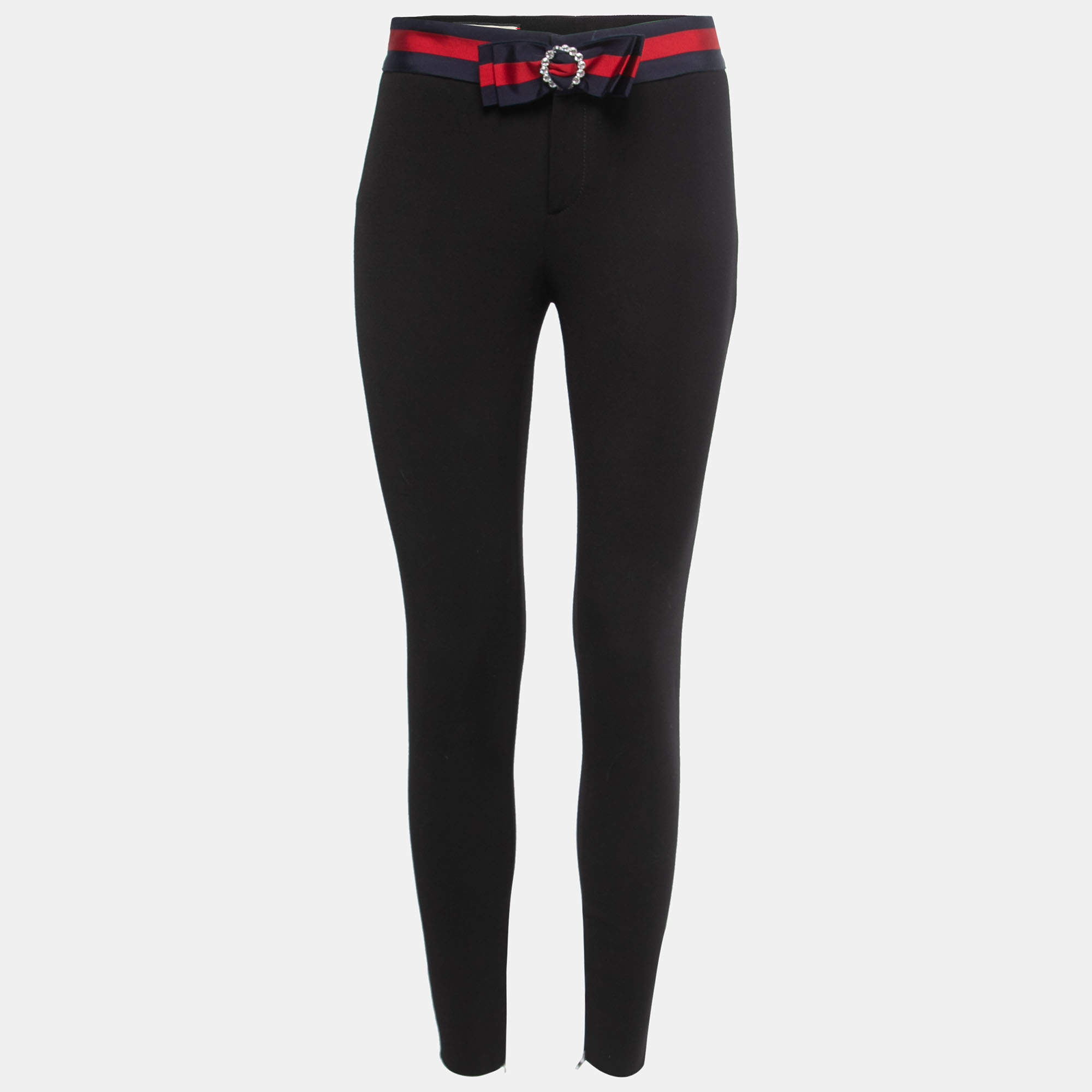 Pre Owned Gucci Black Cotton Blend Contrast Trim Embellished Bow-Detail Trousers S