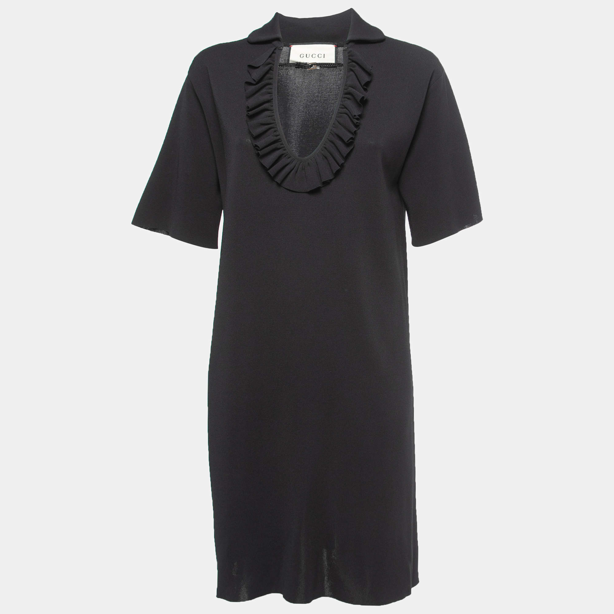 Pre Owned Gucci Black Knit Ruffled Mini Dress M