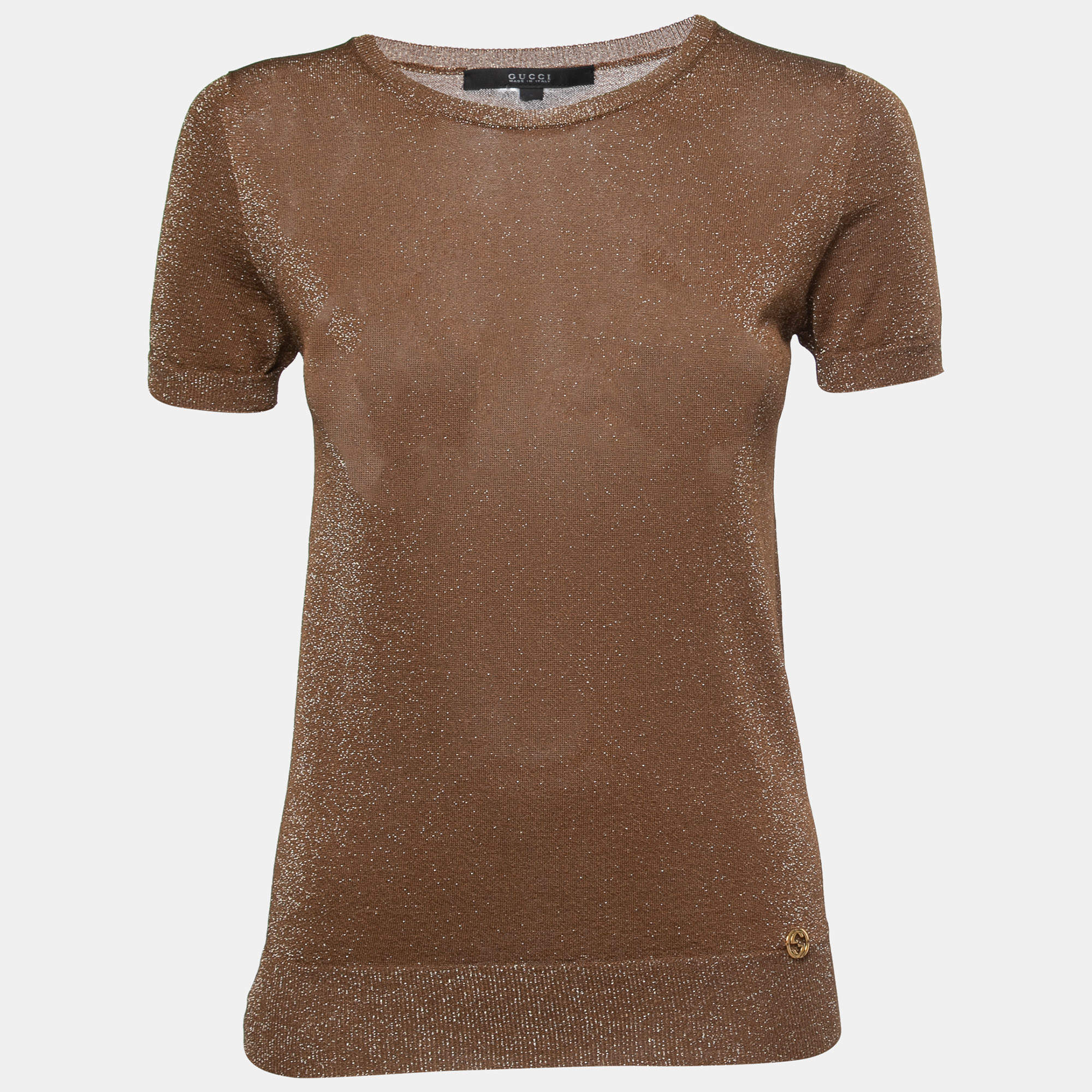 Pre Owned Gucci Brown Lurex Knit Crew Neck Short Sleeve Top S