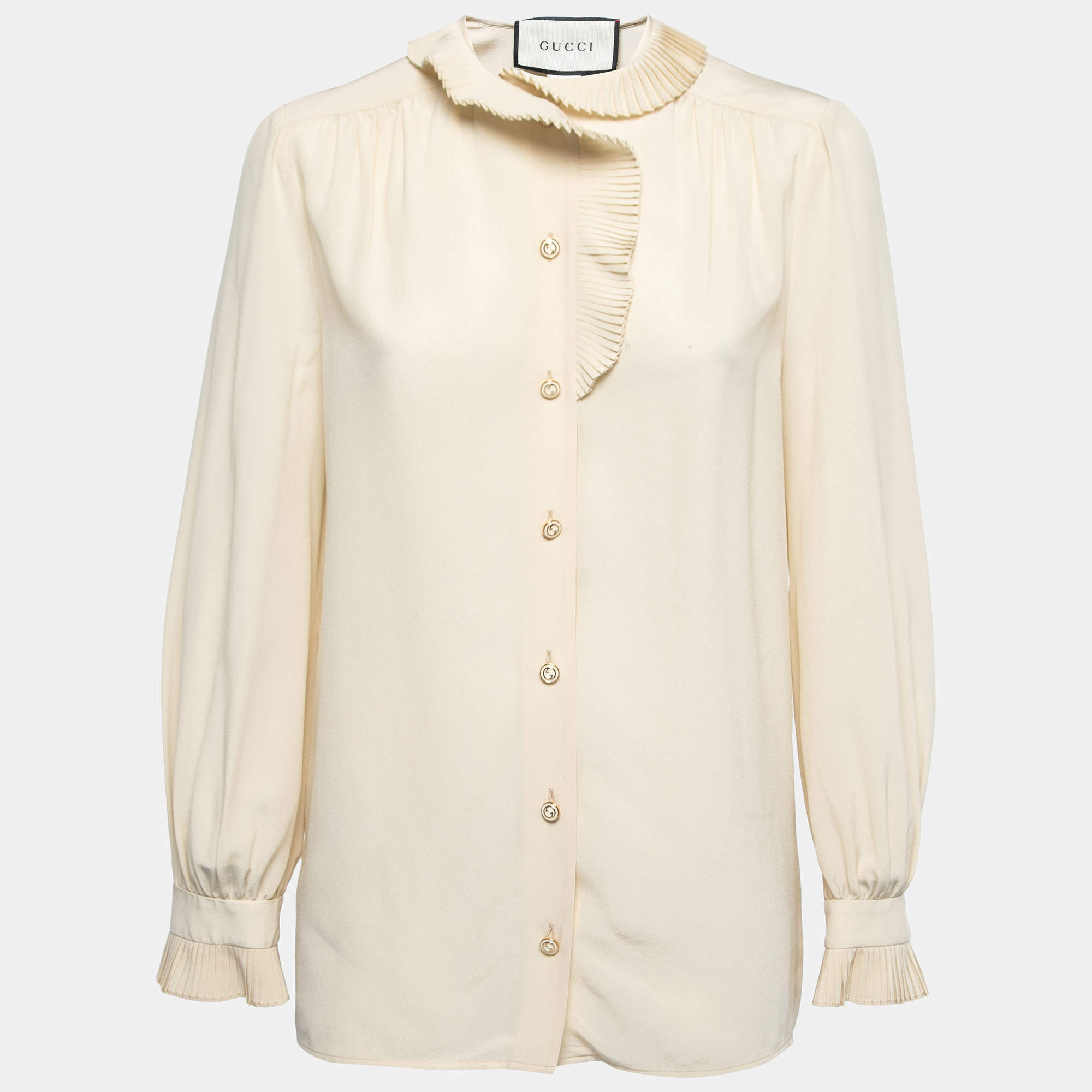 Gucci Cream Silk Pleat Detail Button Front Long Sleeve Blouse M