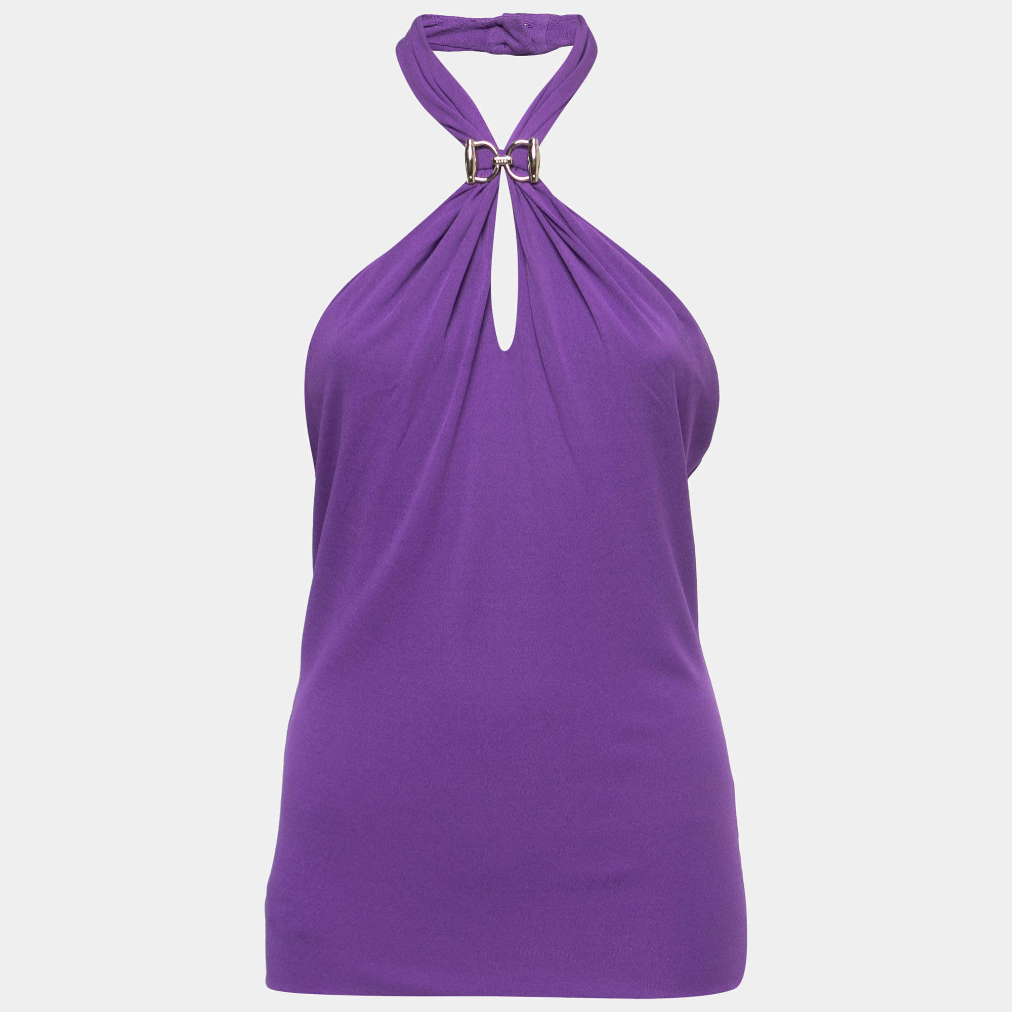 Pre Owned Gucci Purple Crepe Horsebit Detail Halter Neck Top M