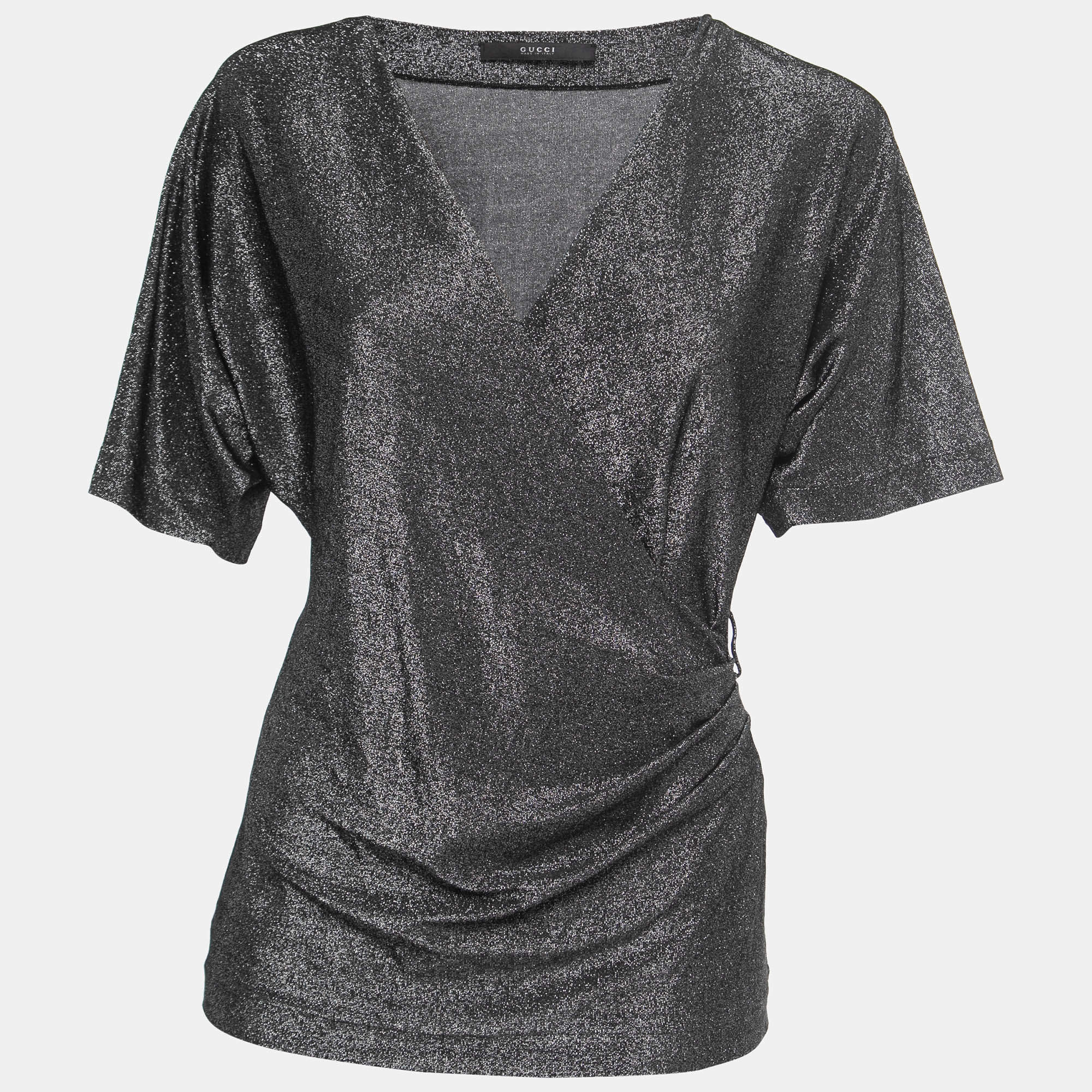 Gucci Metallic Black Knit Draped Half Sleeve Top S