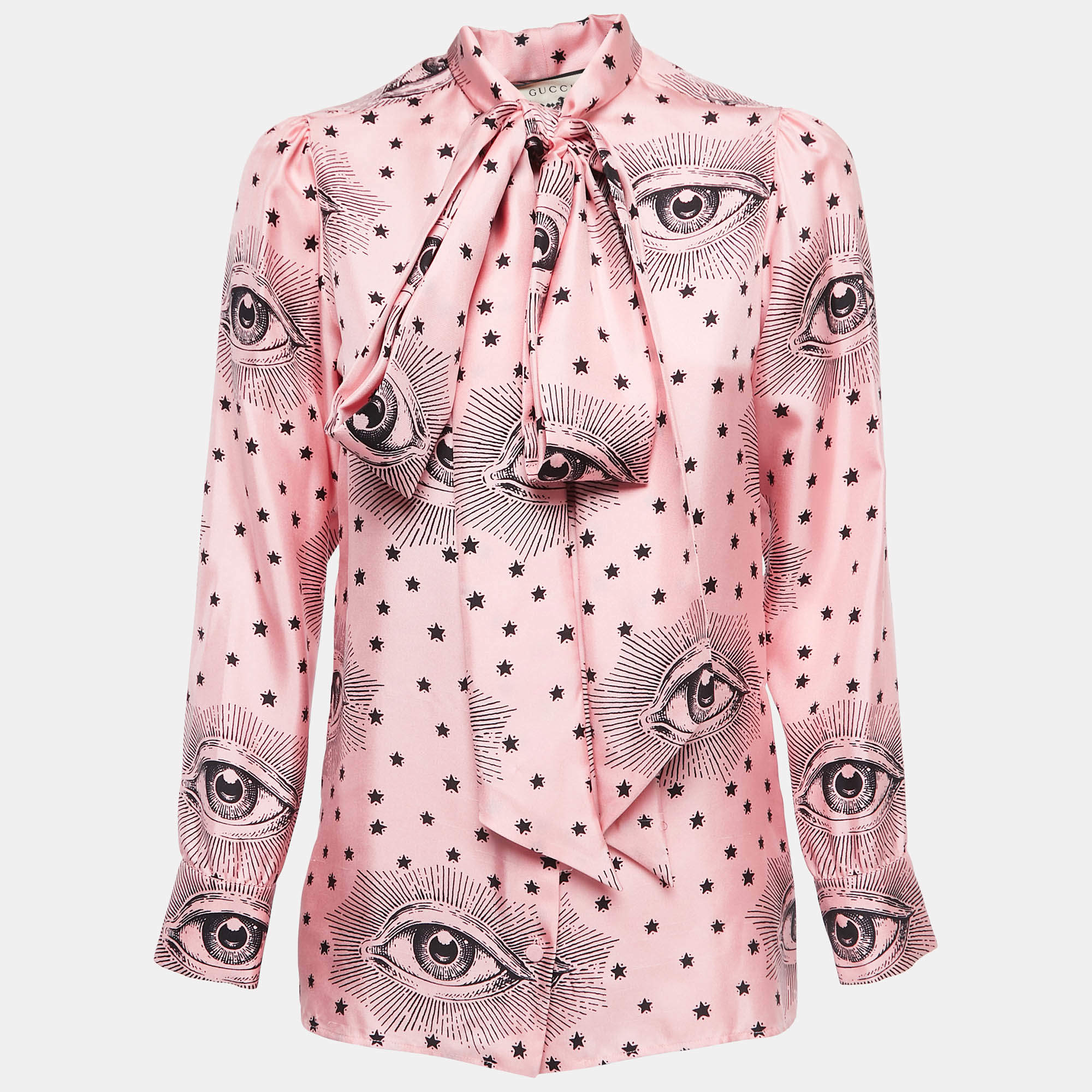 Pre Owned Gucci Pink Eye Printed Silk Tie Neck Shirt S