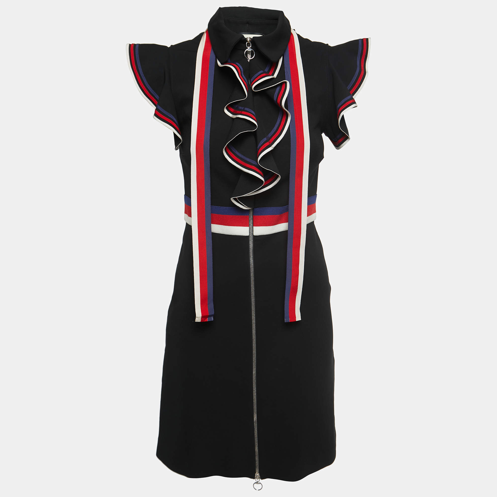 Gucci Black Jersey Web Stripe Detail Ruffled Mini Dress L
