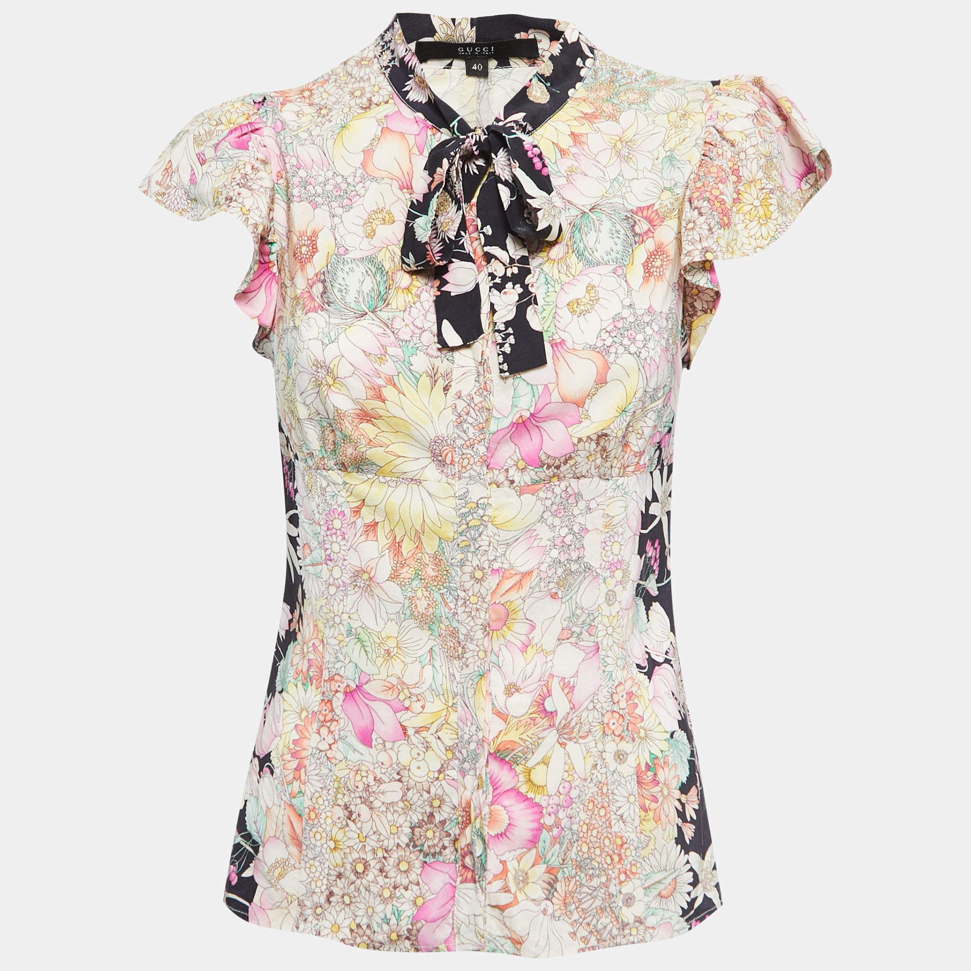 Pre Owned Gucci Multicolor Floral Printed Ruffled Top S