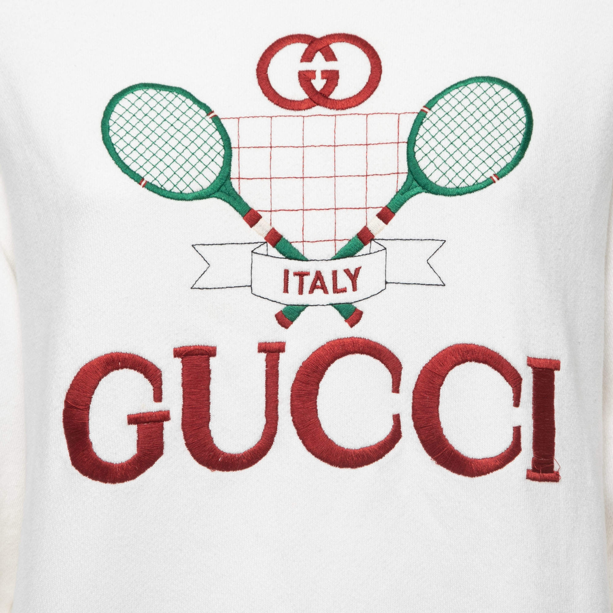 Gucci Off White Cotton Tennis Embroidered Crew Neck Sweatshirt XXS Gucci TLC