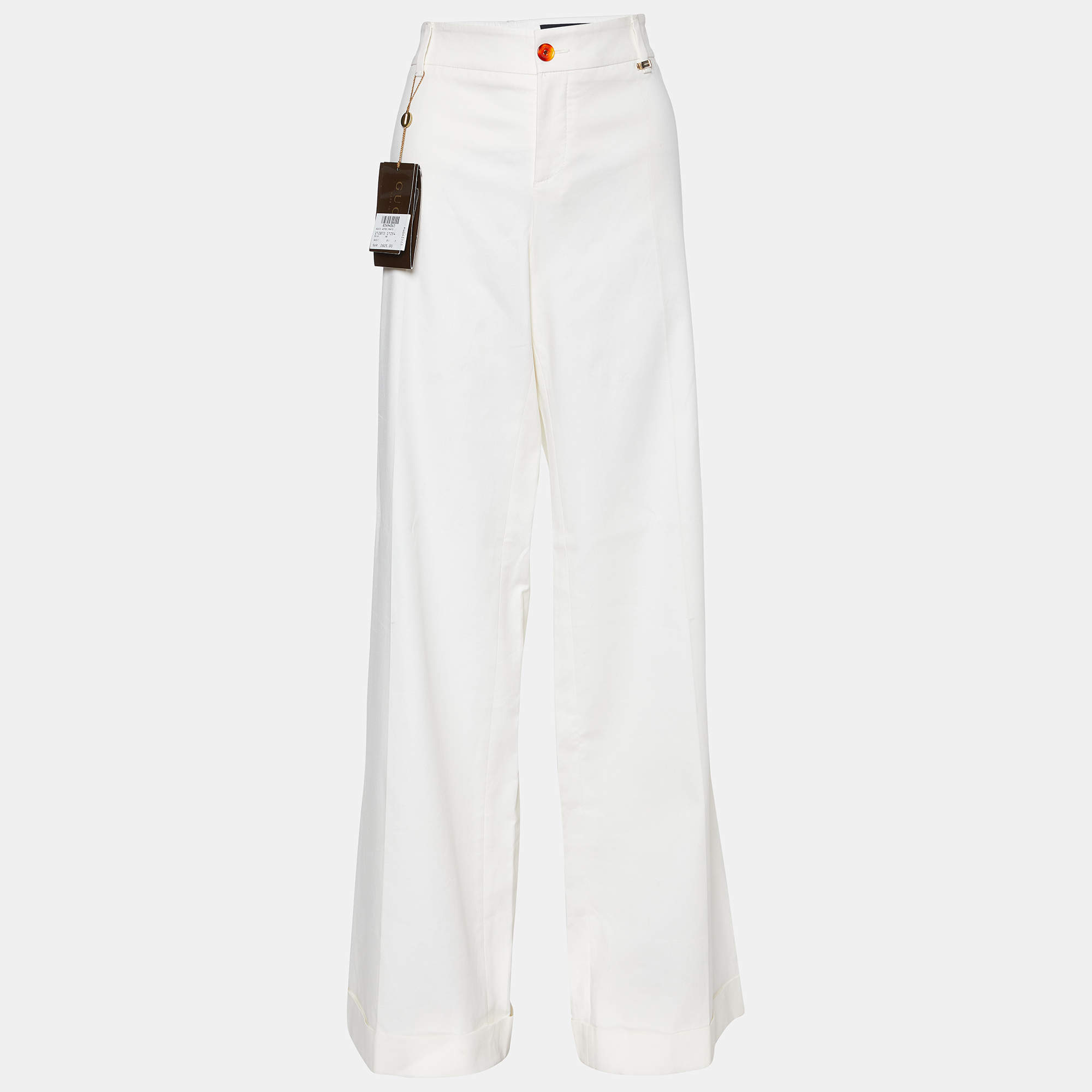 Pre Owned Gucci Cream Cotton High Waisted Wide Leg Trousers L