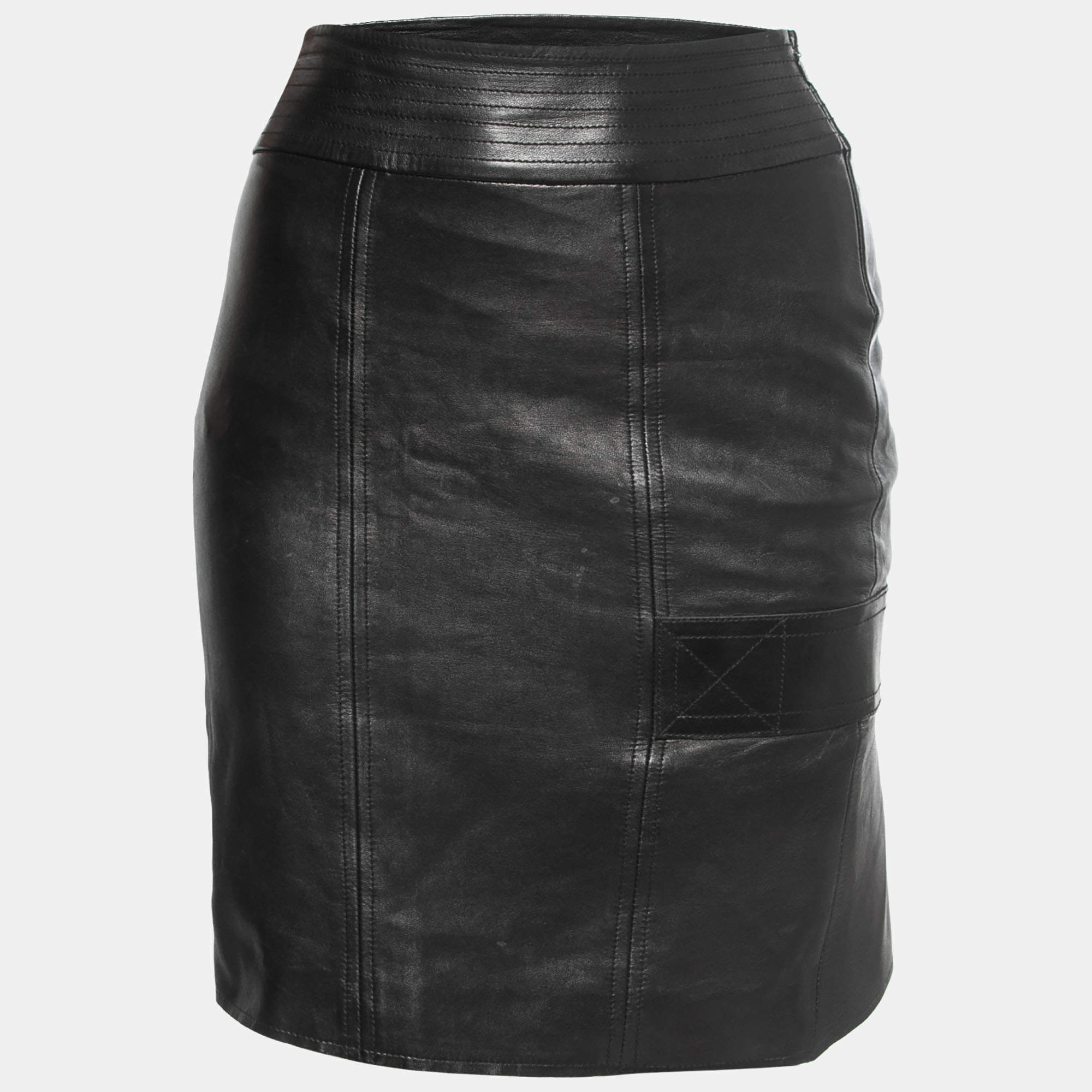 Pre Owned Gucci Black Leather Midi Skirt M