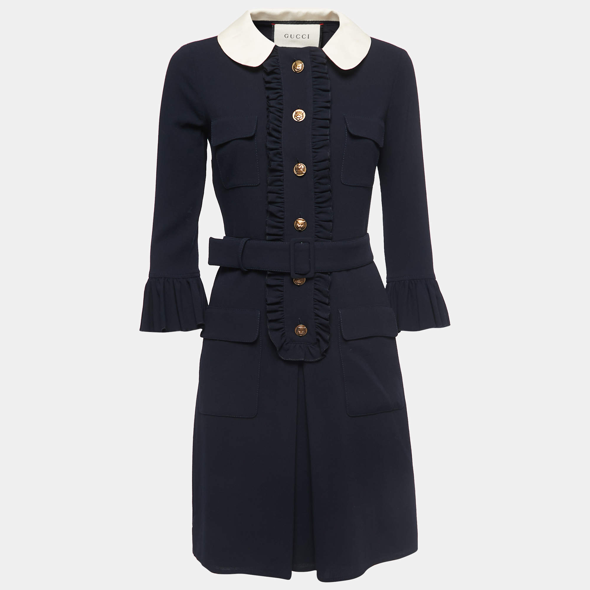 Pre Owned Gucci Navy Blue Wool Crepe Ruffled Belted Dress S