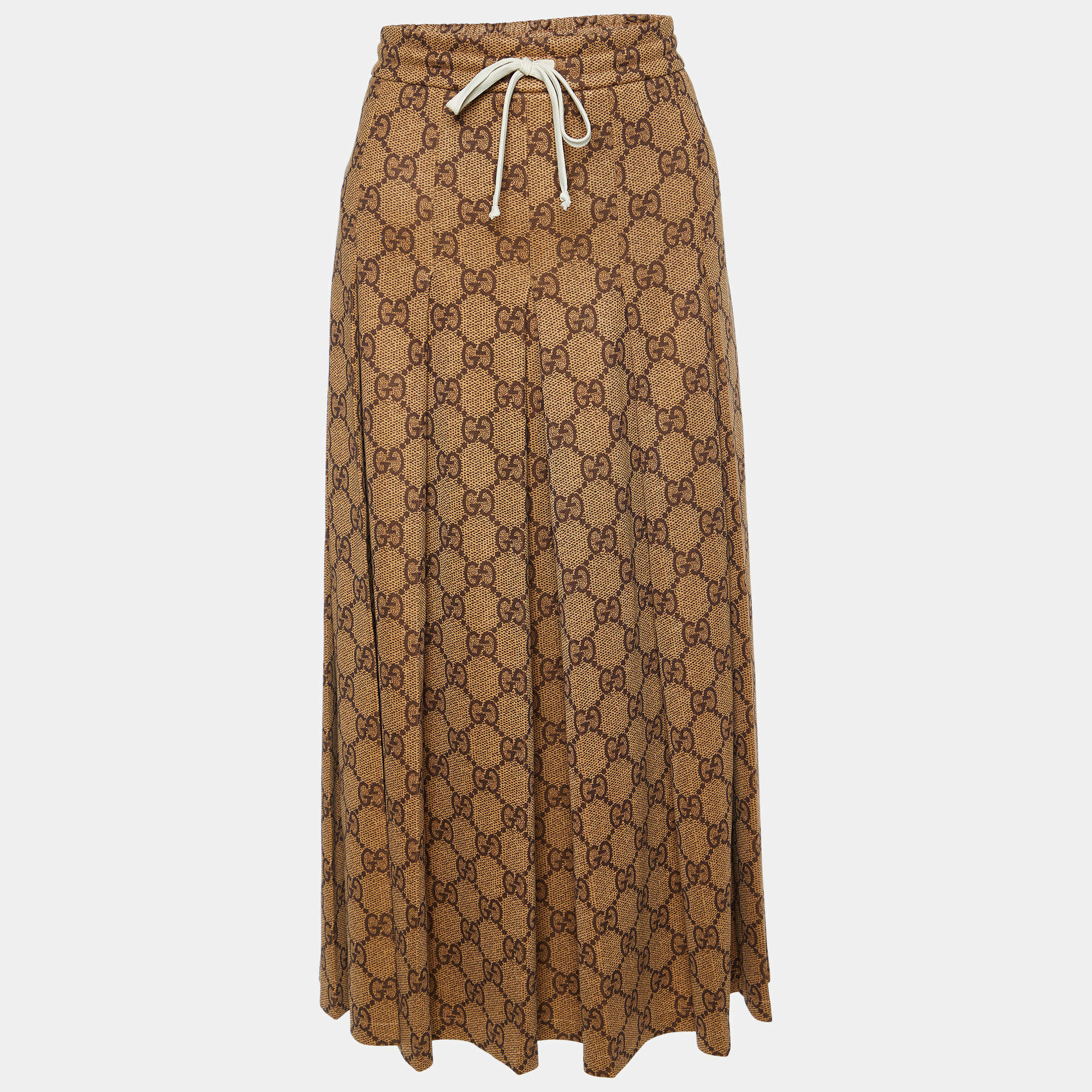 Gucci Brown Monogram Printed Jersey Knit Pleated Midi Skirt M