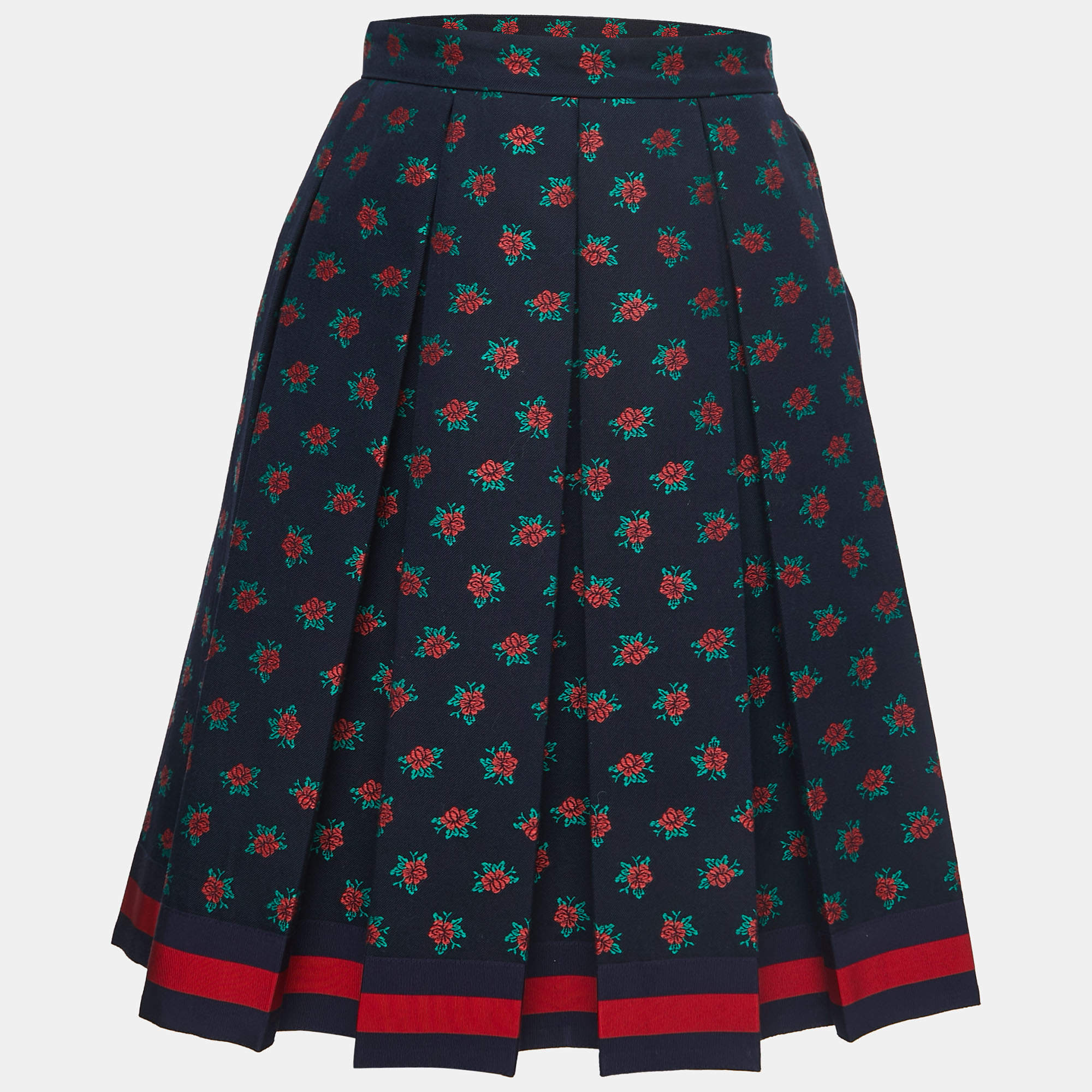 Pre Owned Gucci Navy Blue Floral Jacquard Cotton Pleated Skirt M