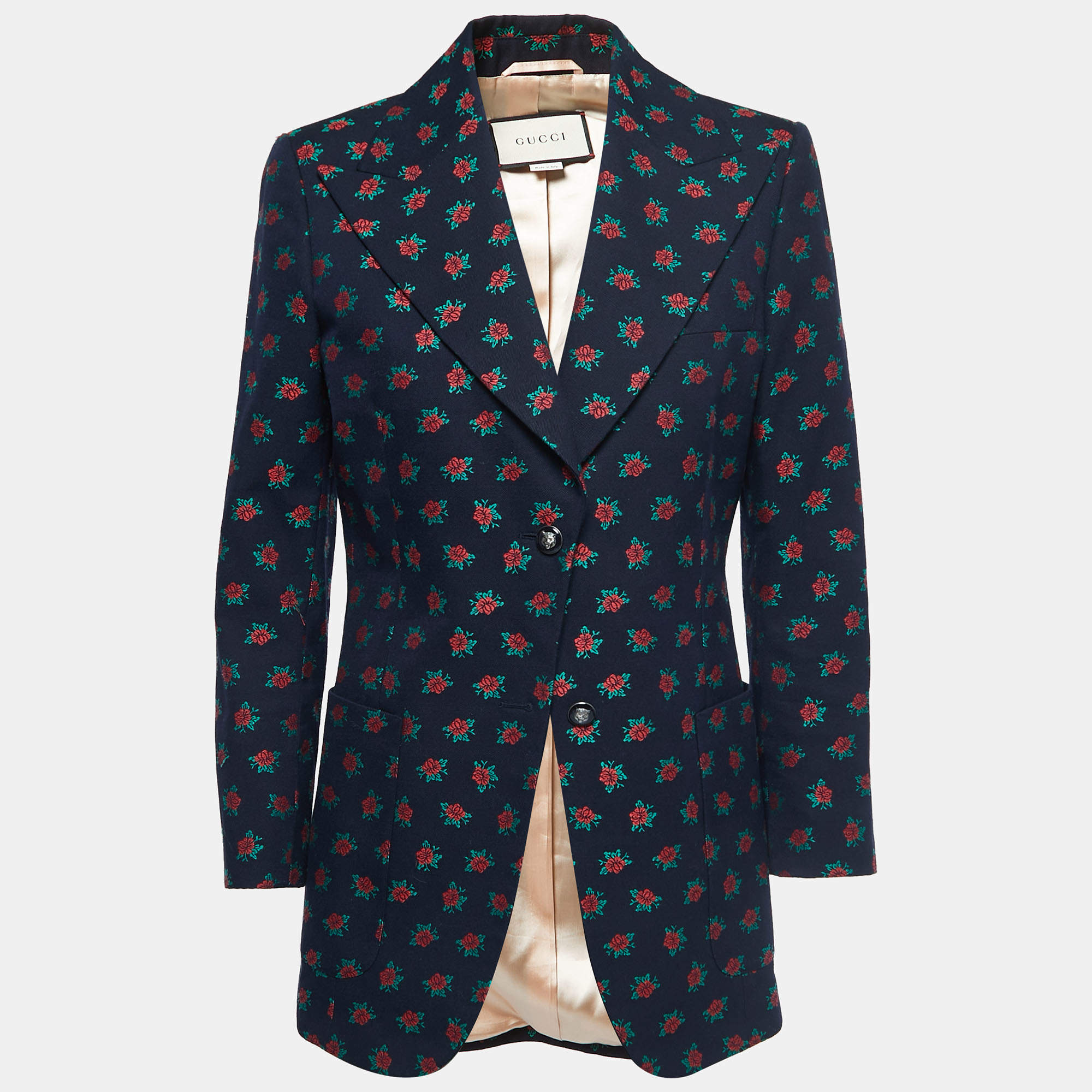 Pre Owned Gucci Navy Blue Floral Jacquard Cotton Single-Breasted Blazer M