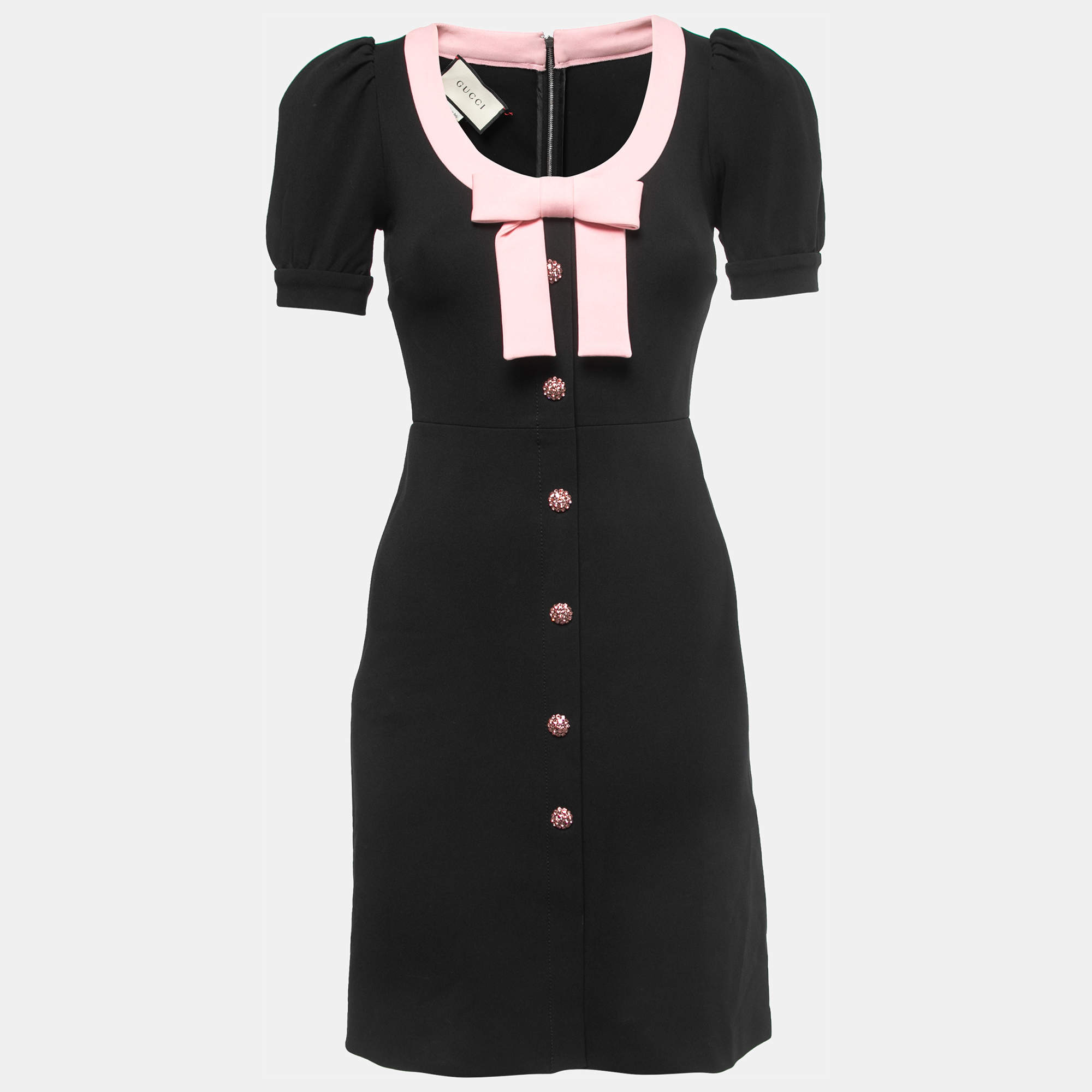 Gucci Black Technical Jersey Bow Embellished Crystal Button Midi Dress XS