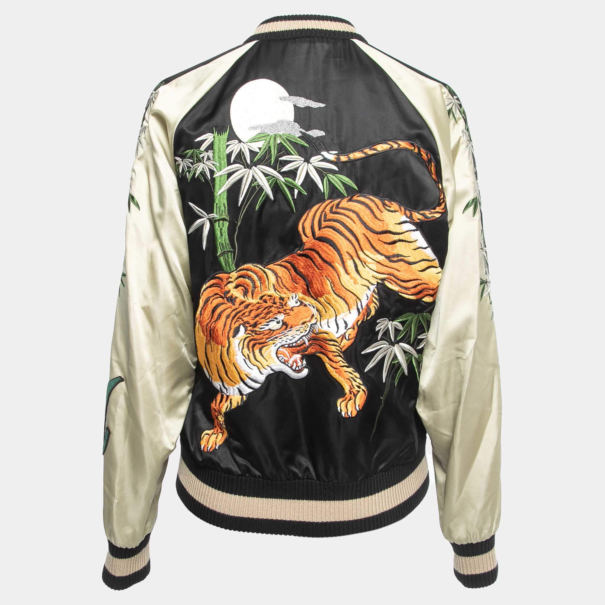 Gucci Black Tiger Embroidered Satin Reversible Bomber Jacket L Gucci TLC