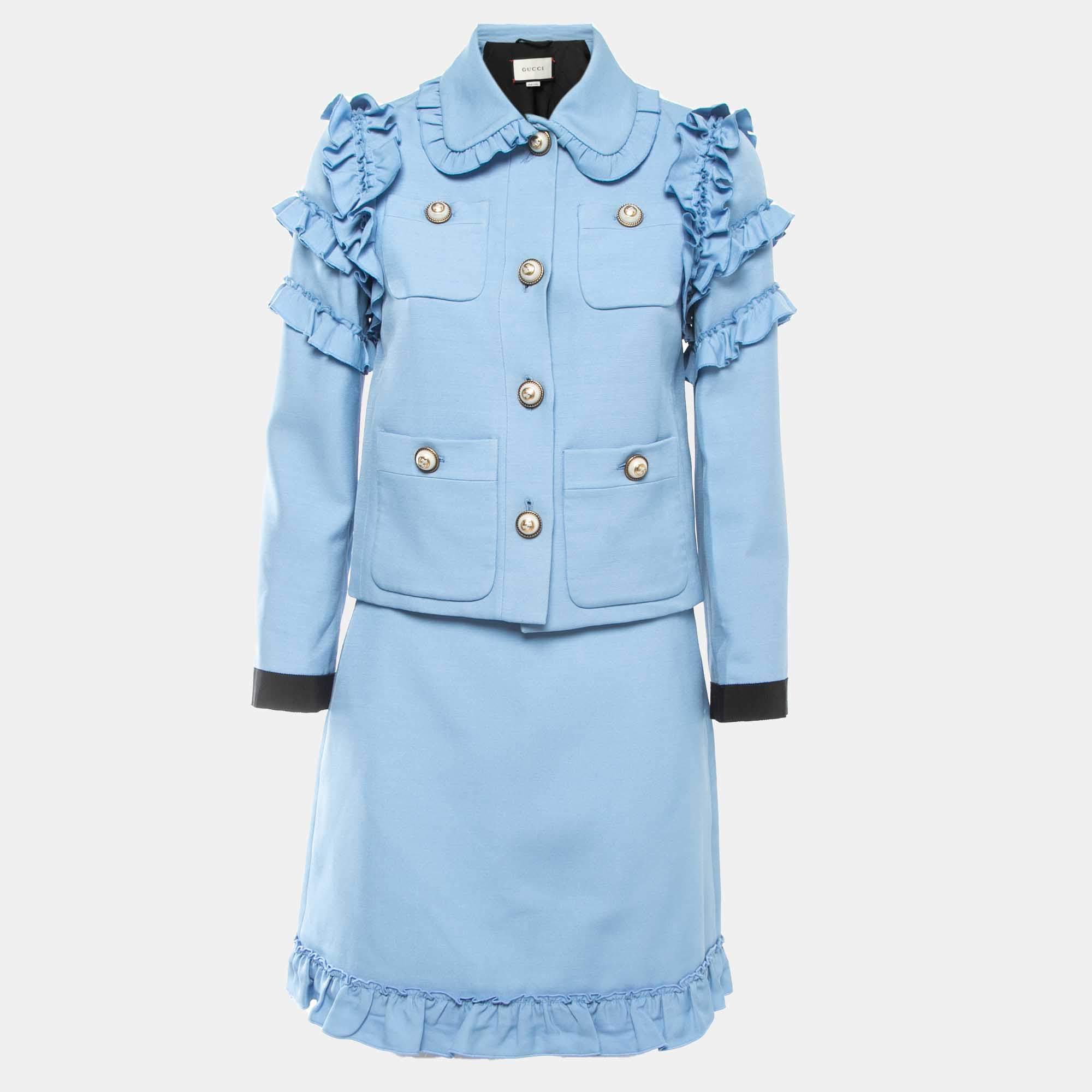 Gucci Blue Wool Blend Ruffled Skirt Suit S