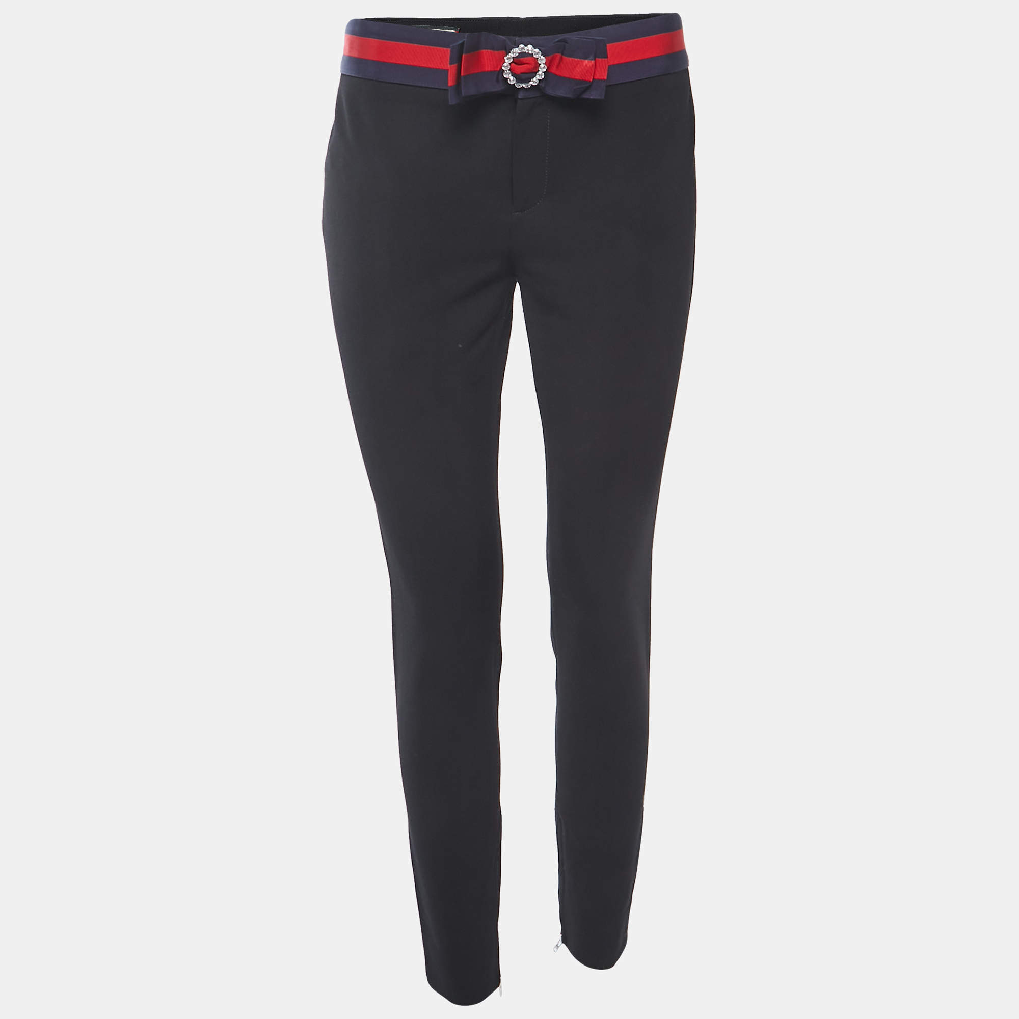 Pre Owned Gucci Black Knit Web Stripe Bow Detail Trousers S