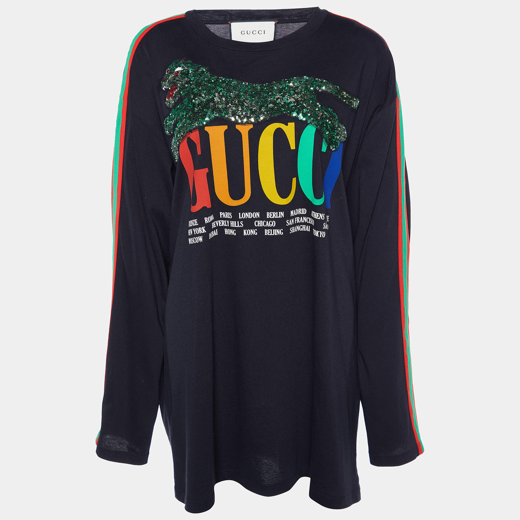 Gucci Black Logo Printed Knit Sequin Embellished Detail Long Sleeve T-Shirt  XS at 1stDibs