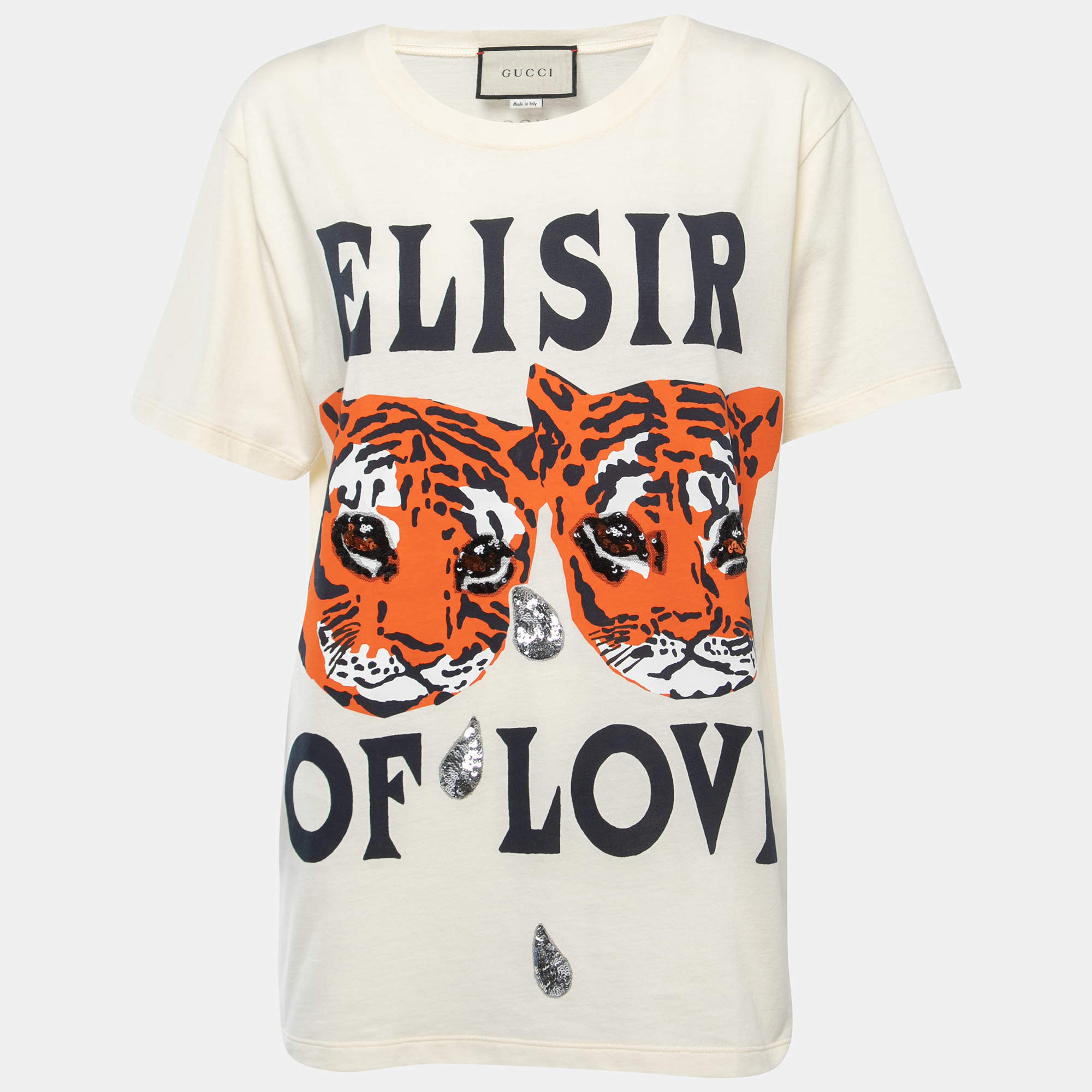 Pre Owned Gucci Cream Cotton Tiger Printed Elisir of Love T-Shirt XS