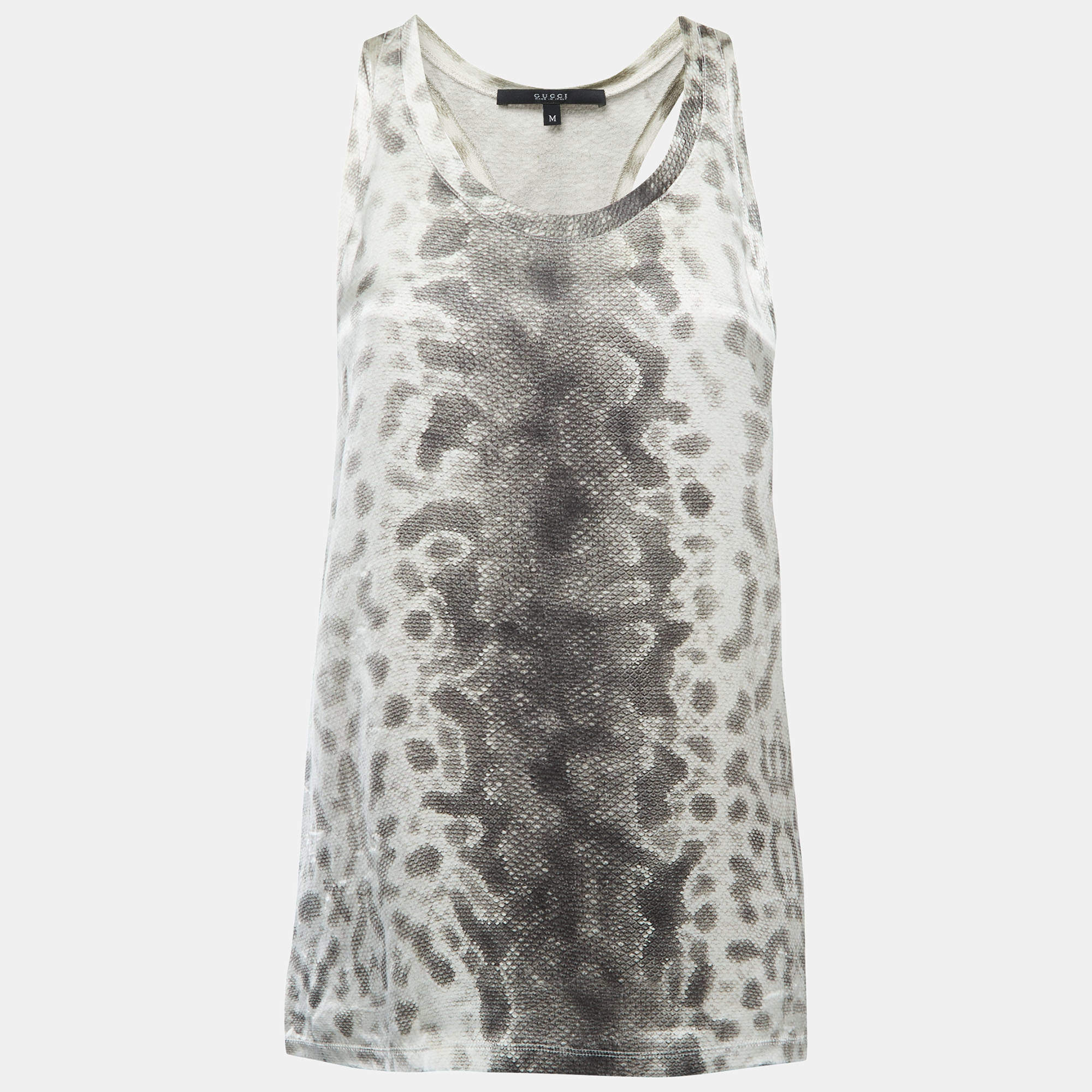 Gucci White Snake Print Satin Silk & Knit Tank Top M
