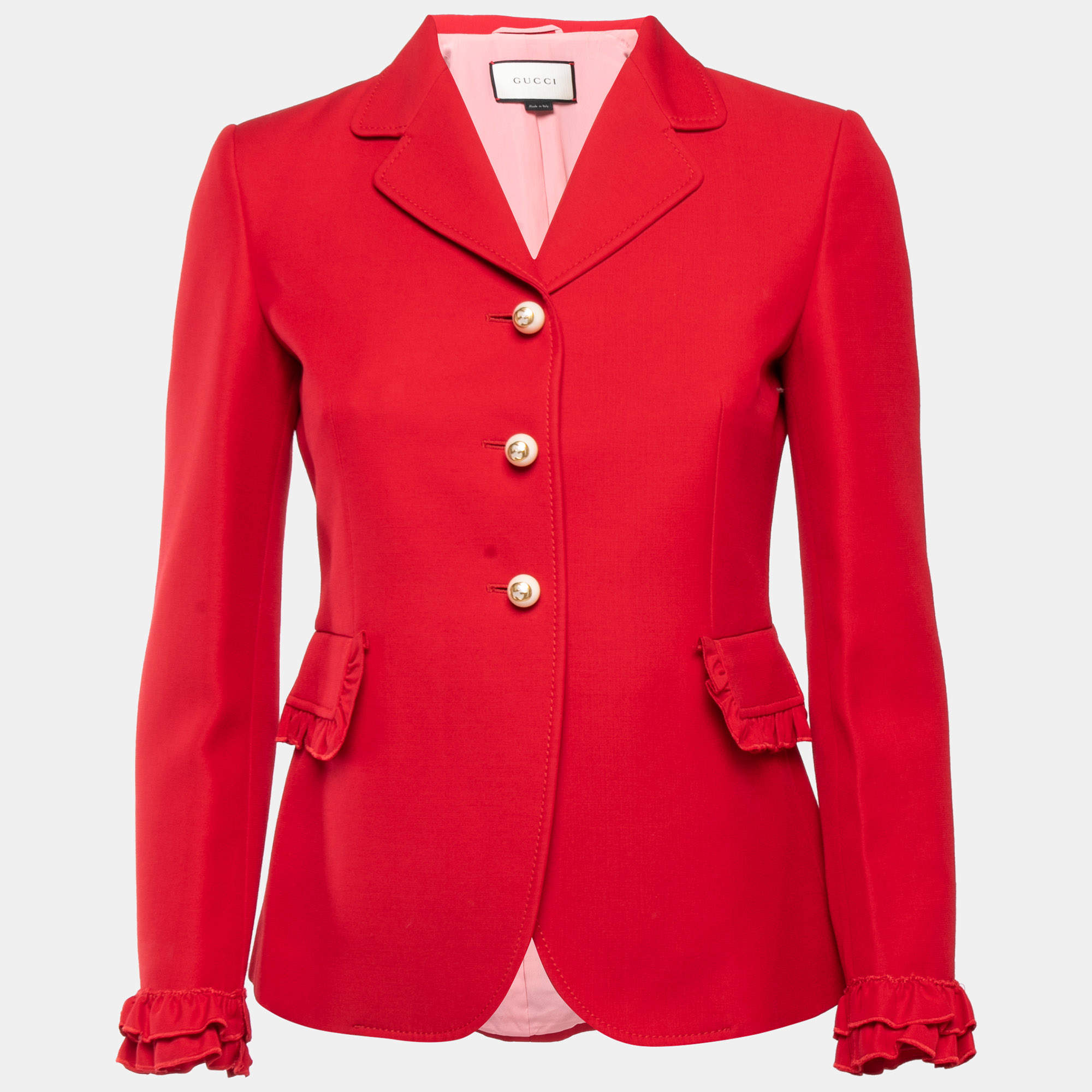 Gucci Red Wool & Silk Ruffle Detail Single Breasted Blazer S