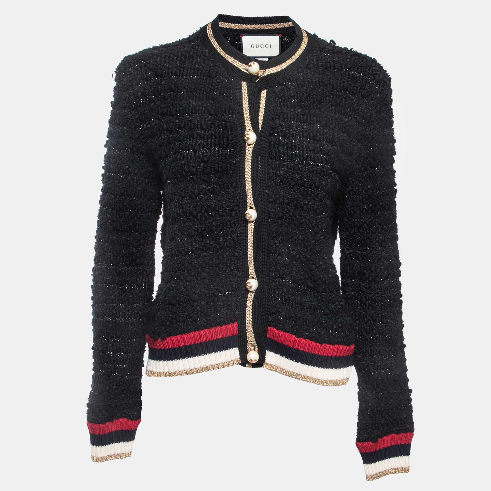 Gucci Black Boucle Knit Web Cardigan L