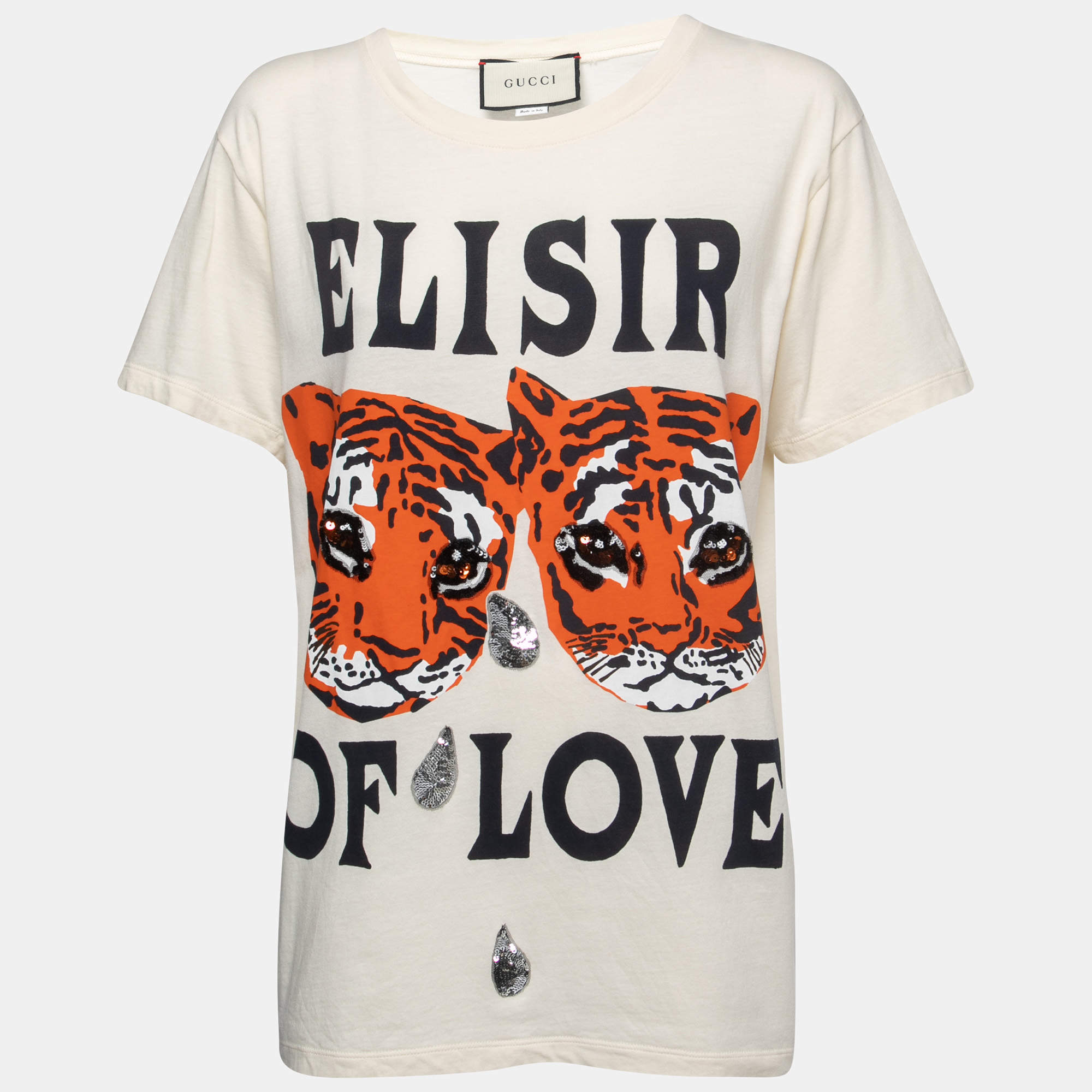 Gucci Cream Tiger Print Sequined Cotton Crew Neck Half Sleeve T-Shirt S