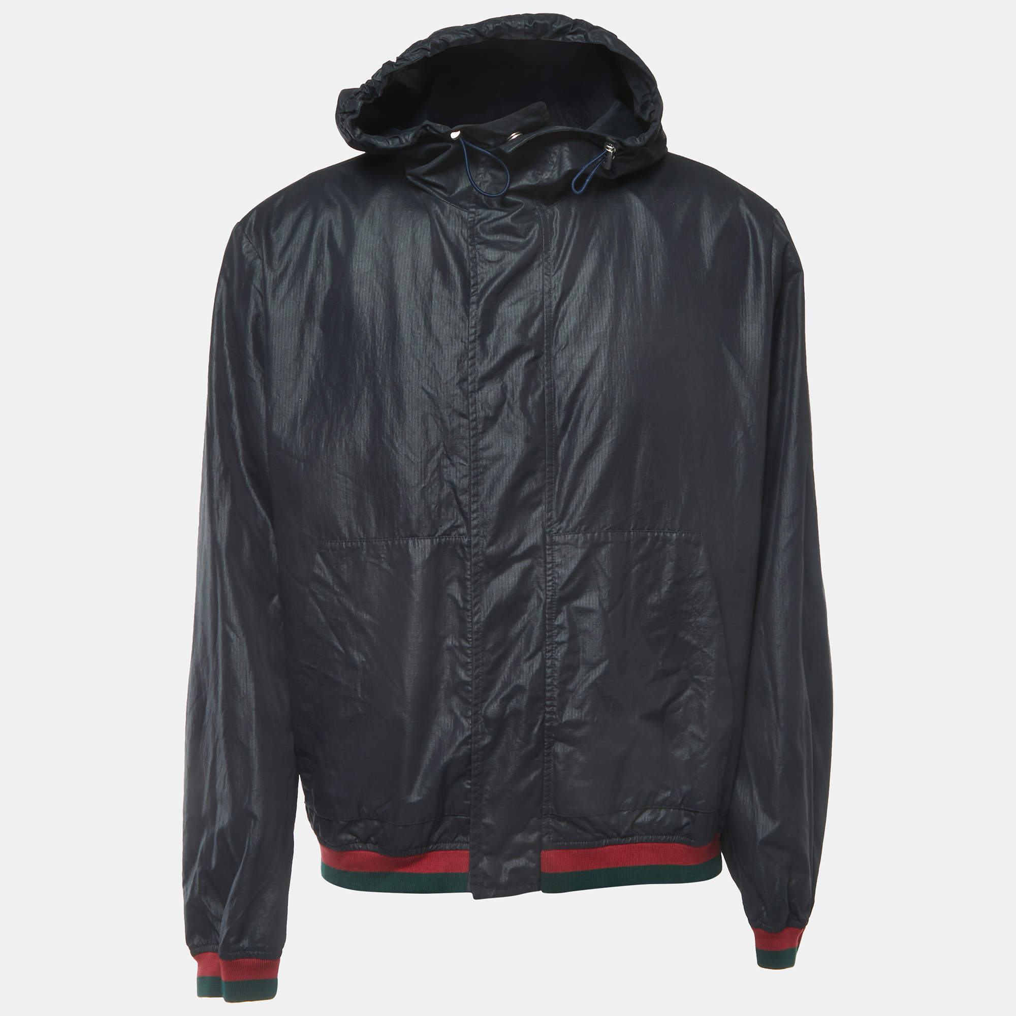 Pre Owned Gucci Navy Blue Nylon Button Front Hooded Jacket 3XL