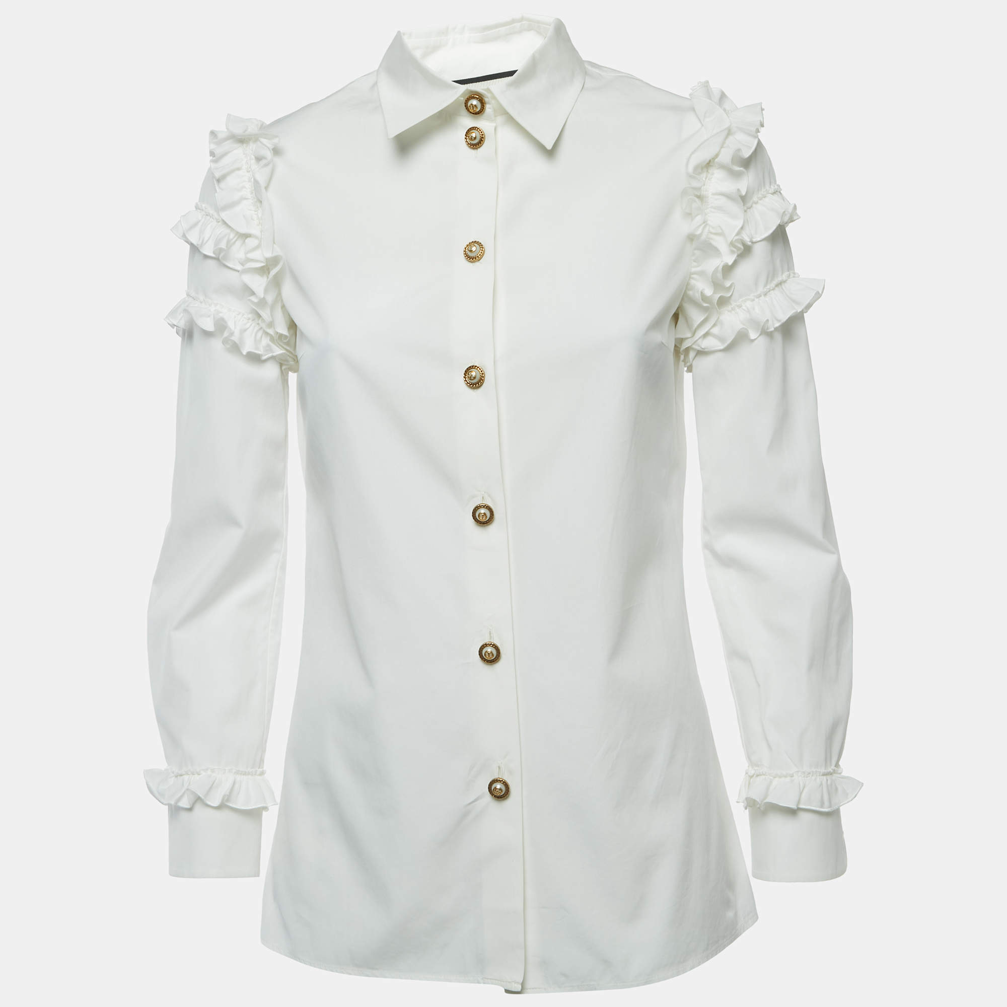 Pre Owned Gucci White Cotton Button Front Ruffled Full Sleeve Shirt Blouse S