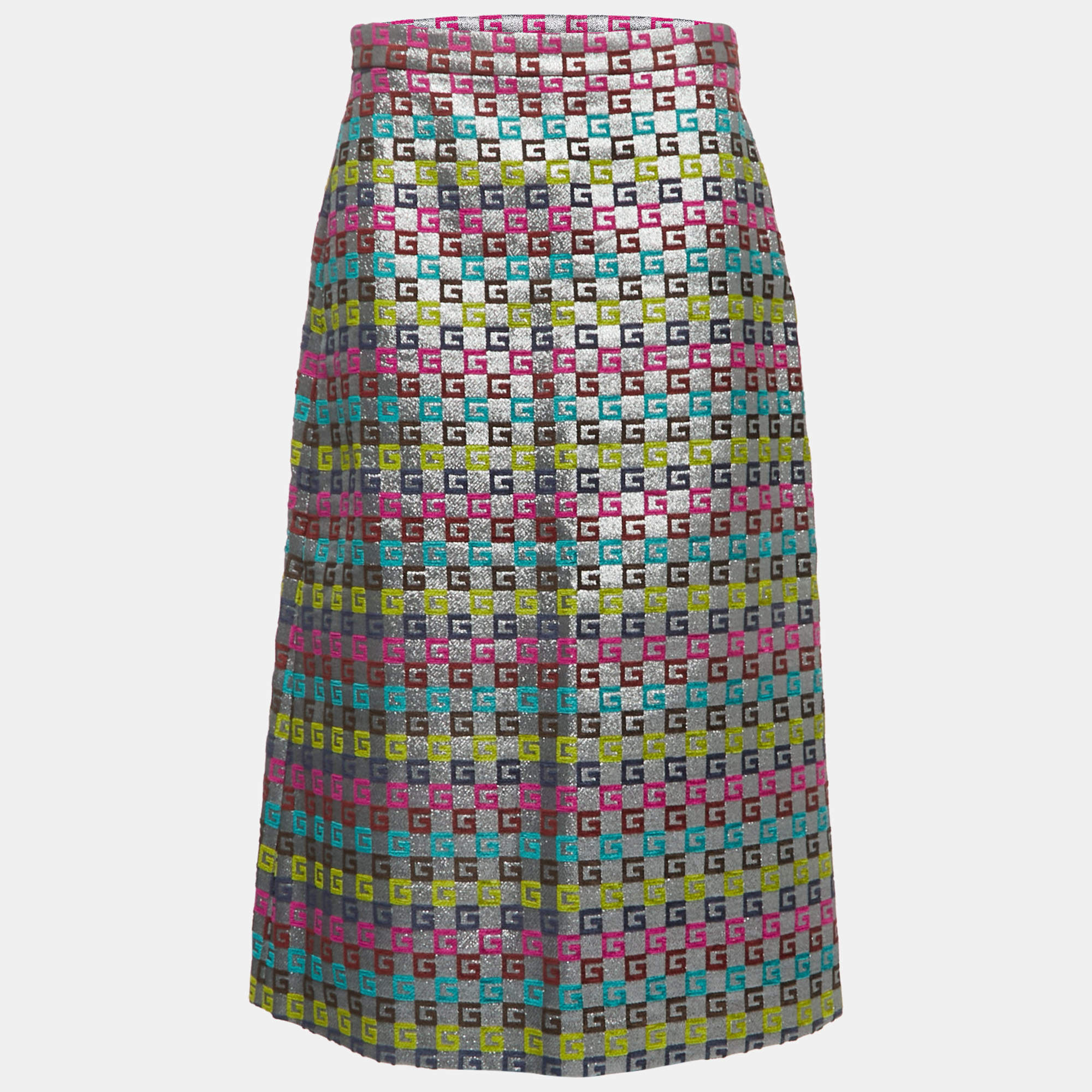 Pre Owned Gucci Metallic G Patterned Jacquard Midi Skirt XL