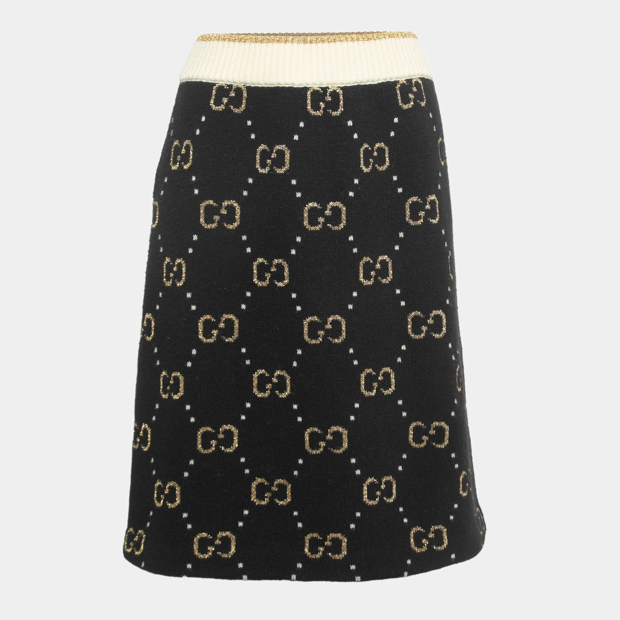 Pre Owned Gucci Black/Metallic GG Patterned Knit Skirt M