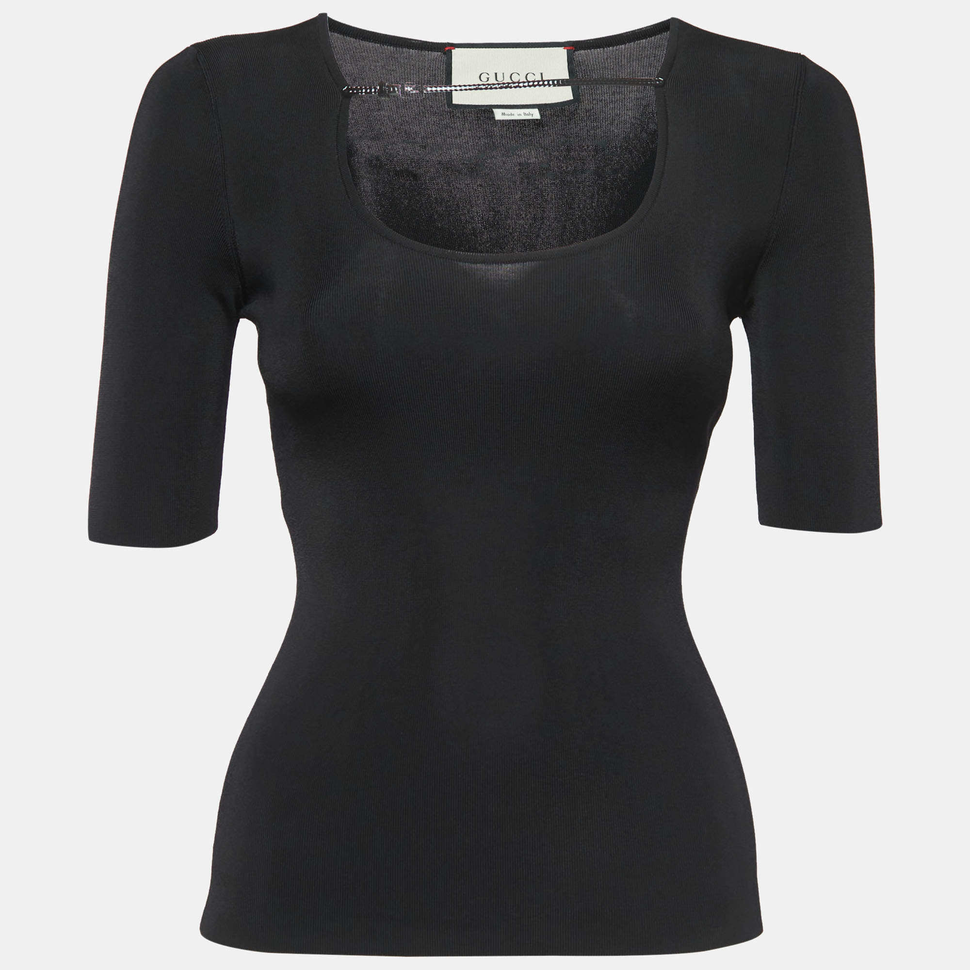 Pre Owned Gucci Black Jersey Logo Detailed Neck Short Sleeve T-Shirt XS