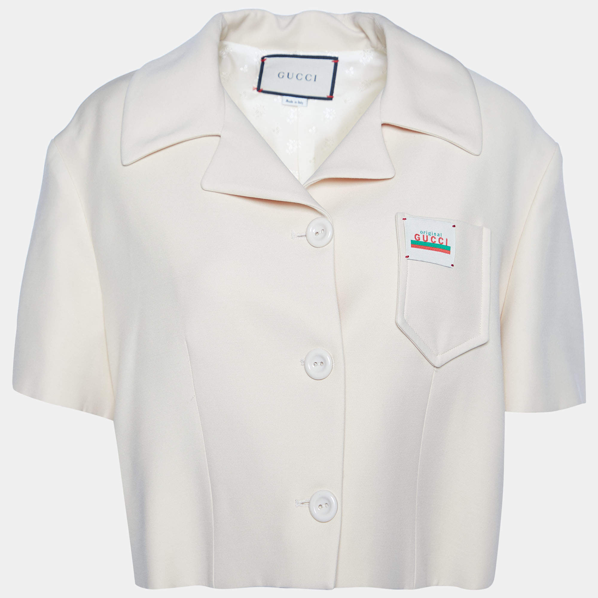 Pre Owned Gucci Cream Silk & Wool Logo Patch Crop Jacket L