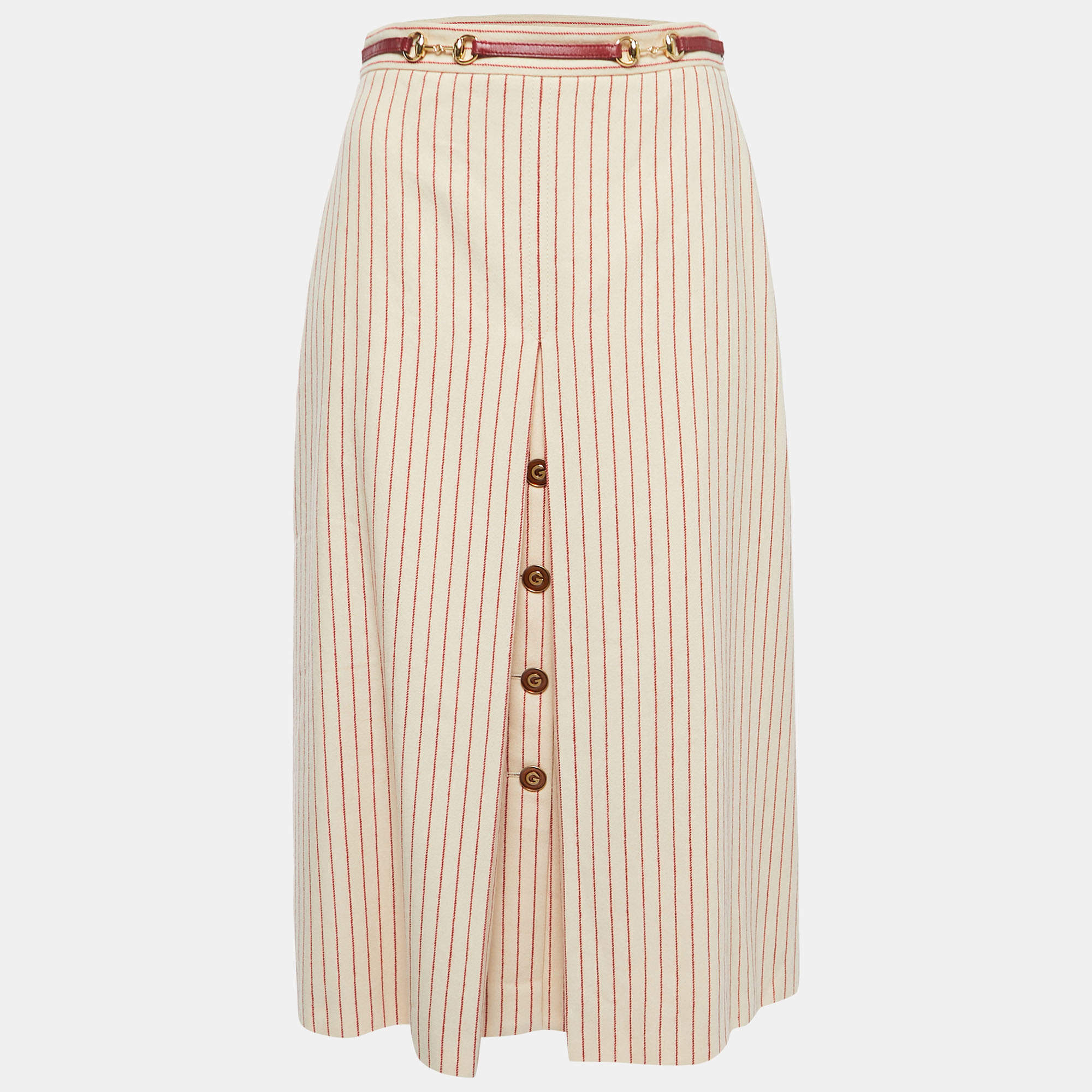 Gucci Beige Striped Wool Horsebit Belt Detailed Midi Skirt S