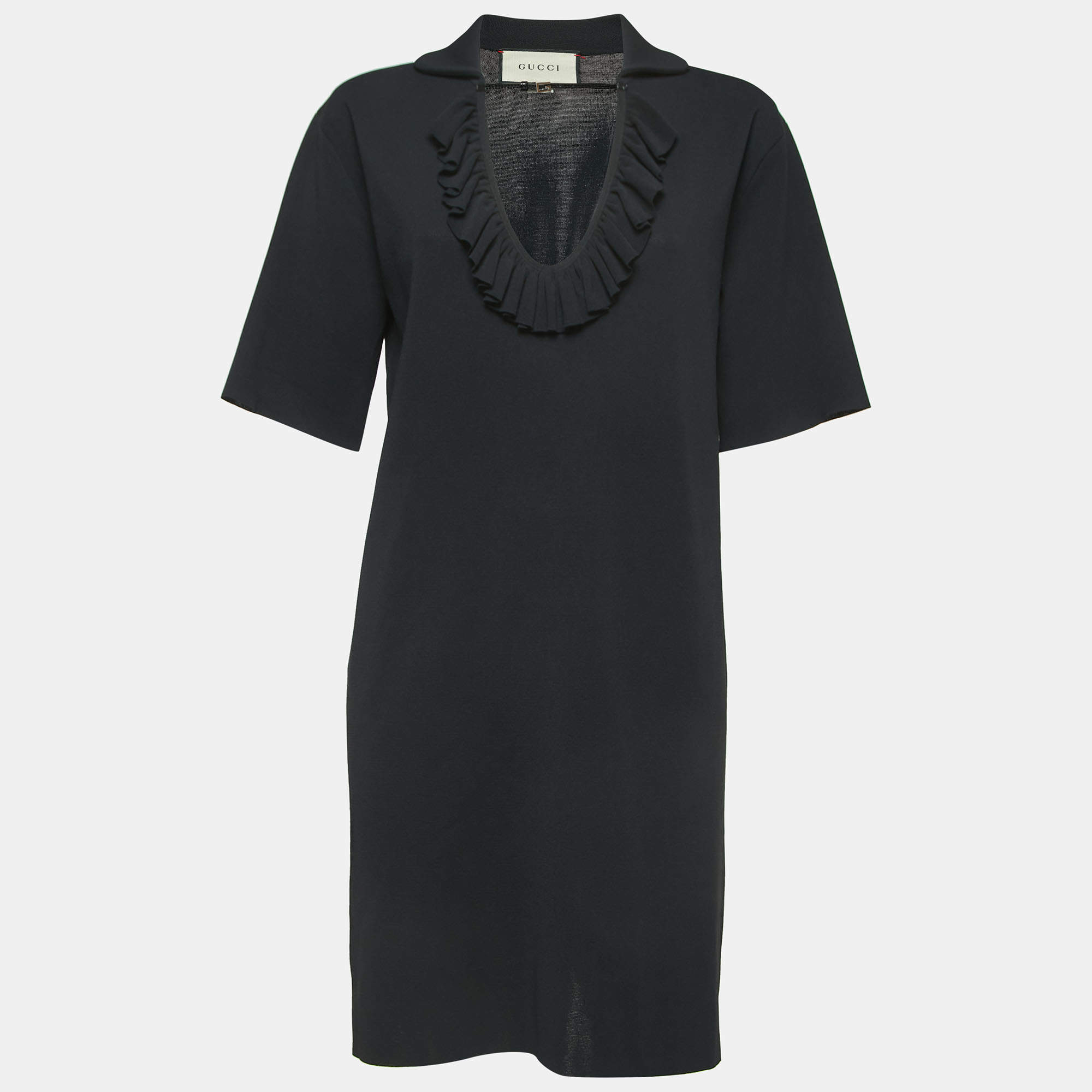 Gucci Black Jersey Ruffled Neck Belt Detail A-Line Mini Dress M