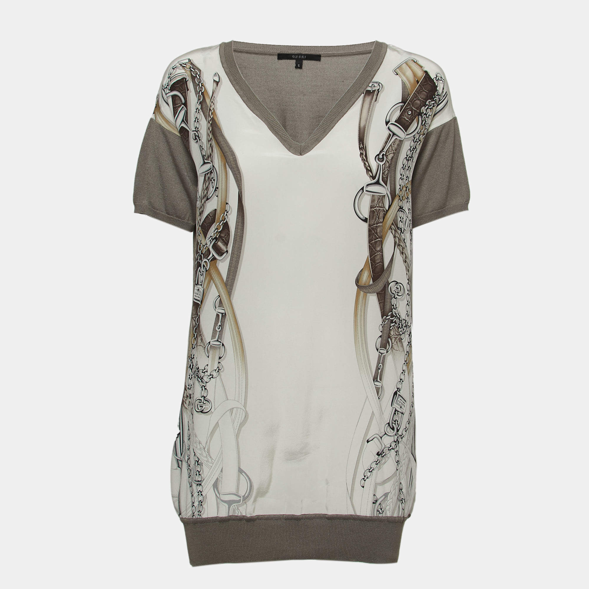 Gucci Brown Logo Chain Print Silk V-Neck Top S