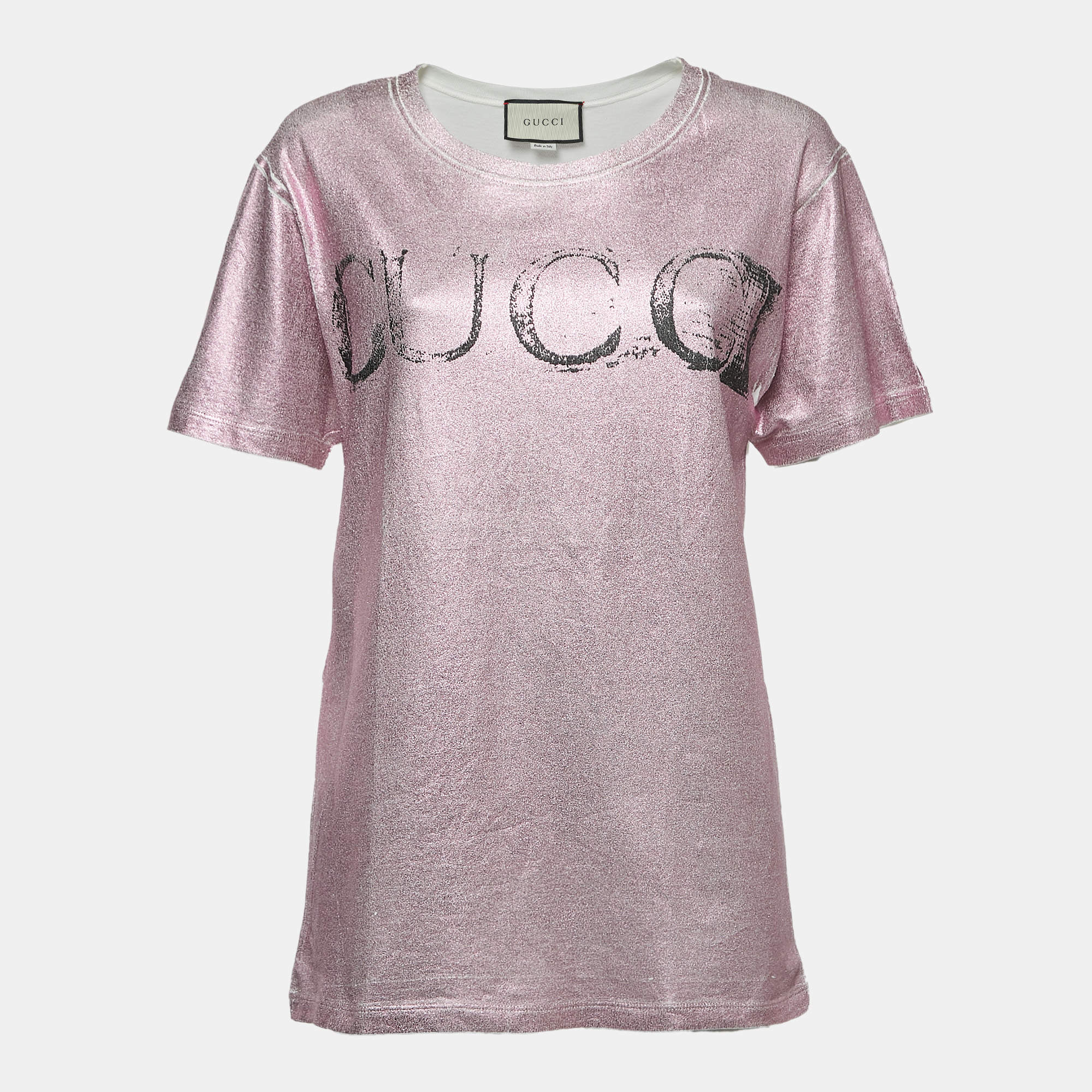 Pre Owned Gucci Pink/White Logo Print Cotton Half Sleeve T-Shirt XS